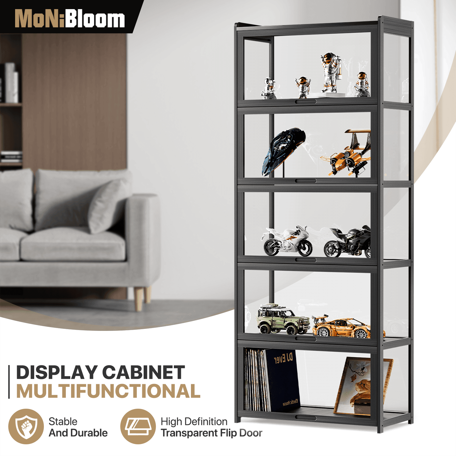 TEMU Monibloom 67.5" Display Cabinet With Doors, 5-tier Bamboo Showcase Storage Cabinet Shelf Collectibles Display Case For Living Room