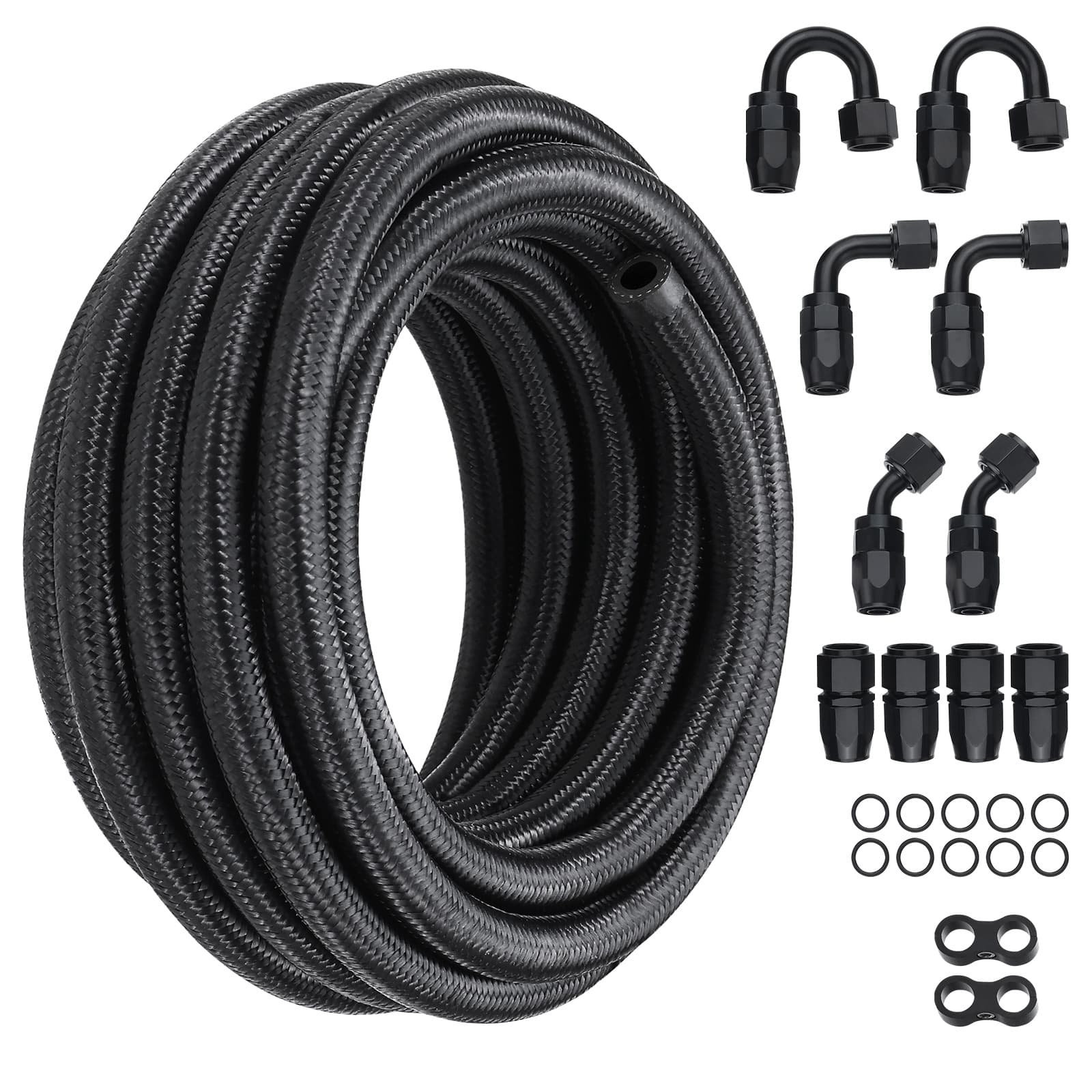 TEMU Vevor 6an Fuel Line Kit, 20 Ft Fuel Hose Kit, 0.34" Nylon Stainless Steel Braided Fuel /gas/ Hose End Fitting Kit, With 12 Pcs Swivel Fitting Adapter Kit, Black