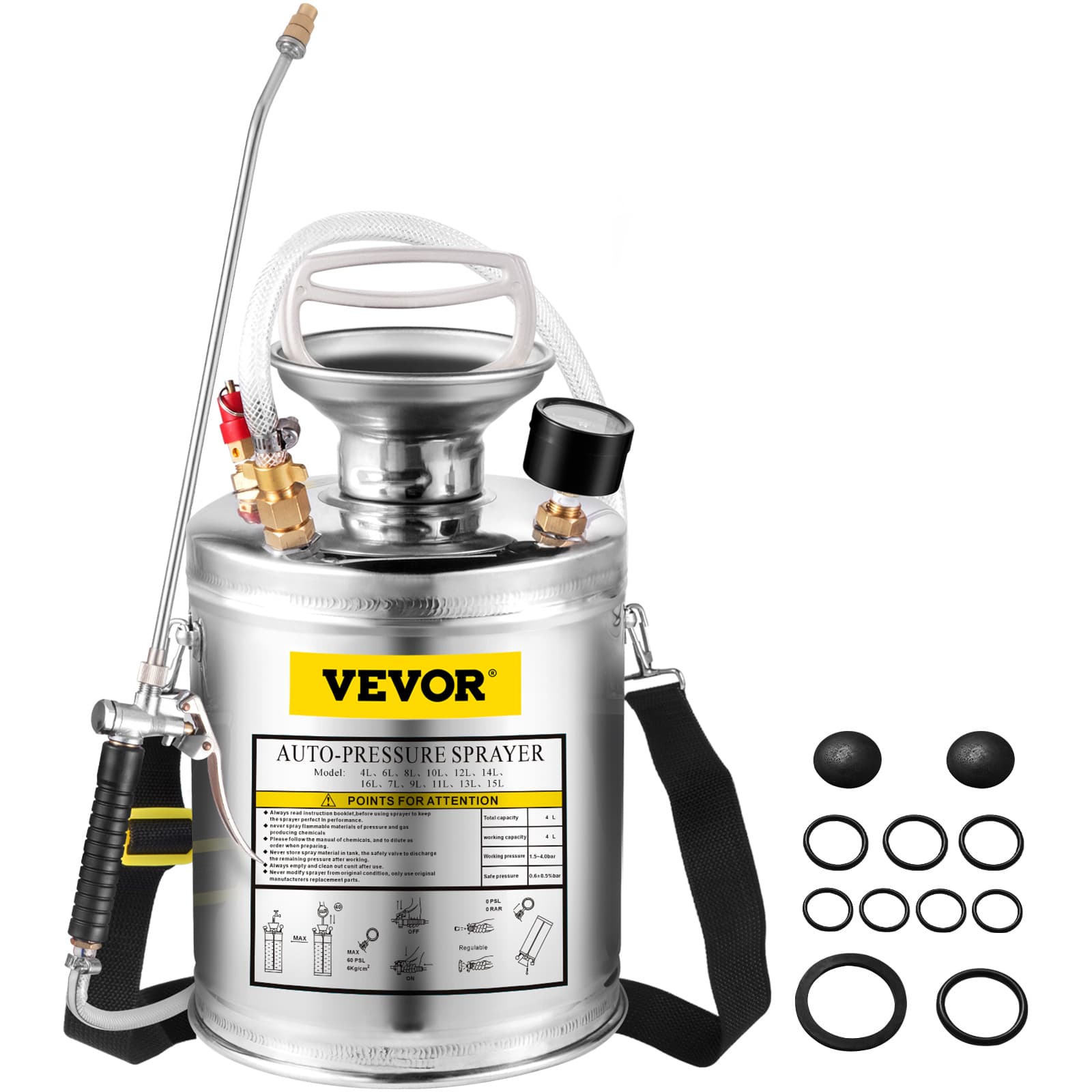 TEMU Vevor 1gal Stainless Steel, Set With 12" Wand& Handle& 3ft Reinforced Hose, Hand Pump Sprayer With Pressure Gauge&, Adjustable Nozzle Suitable For Gardening And Sanitizing, Silver