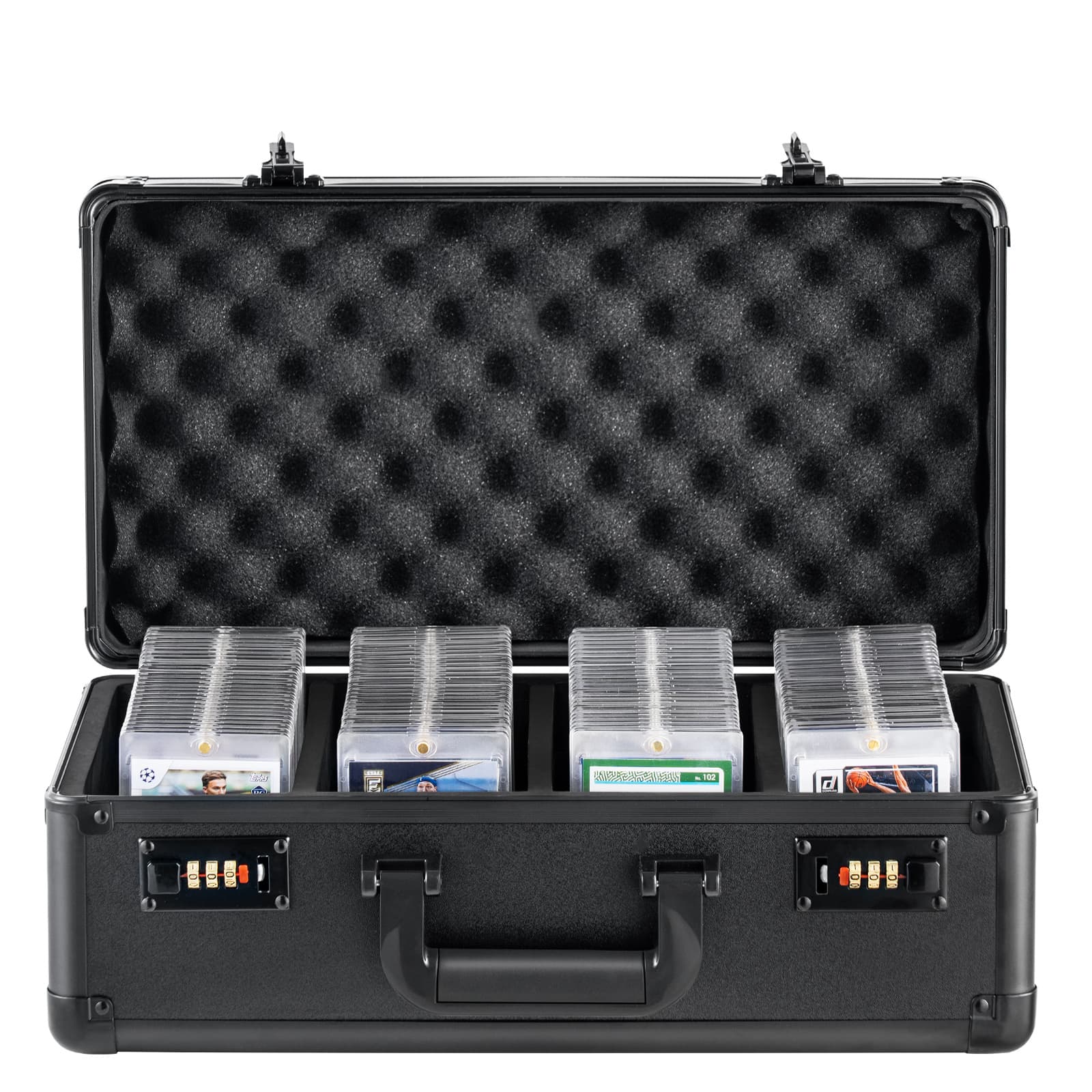 TEMU Vevor Graded Card Storage Box, 4 Slots, Graded Sports Cards Holder Carrying Case With Coded Lock Foam Dividers, For 108 Psa 76 Bgs Cards 84 Sgc Cards 388 Top Loaders Or 999+ Loose Cards