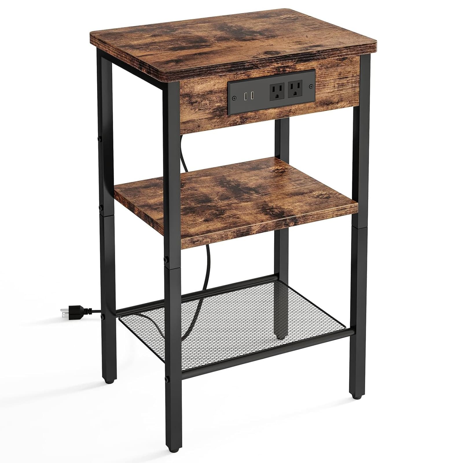 TEMU Whonline 1pc Side Table, Night Stand With Charging Station, 3-tier End Table With Storage Shelf, Side Table For Living Room, Bedroom, Rustic Brown And Black