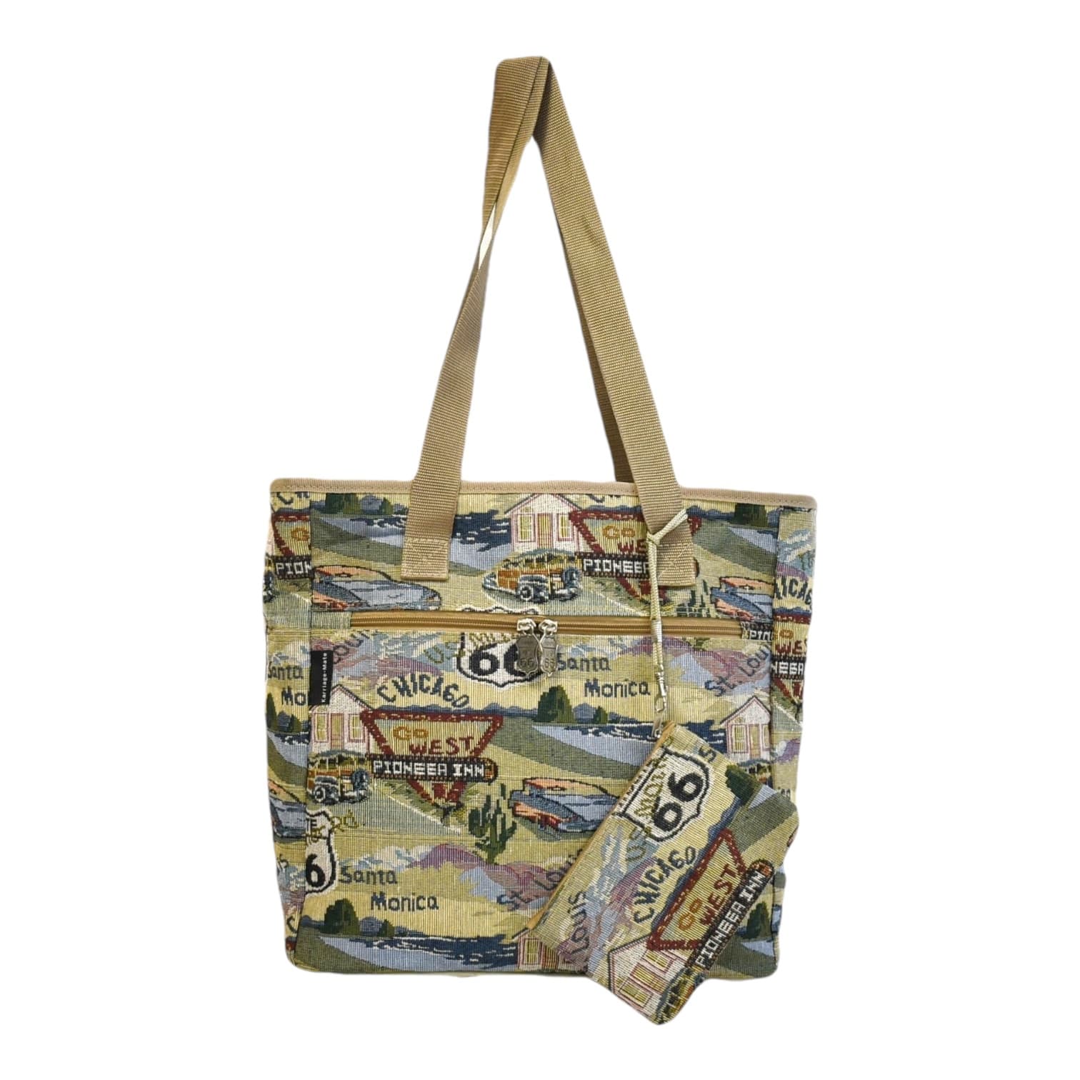 TEMU Large Vintage -themed Tapestry Tote Bag With Matching Zippered Pouch, Spacious Design, And Reinforced Straps For Shopping, Travel, Or Daily Use