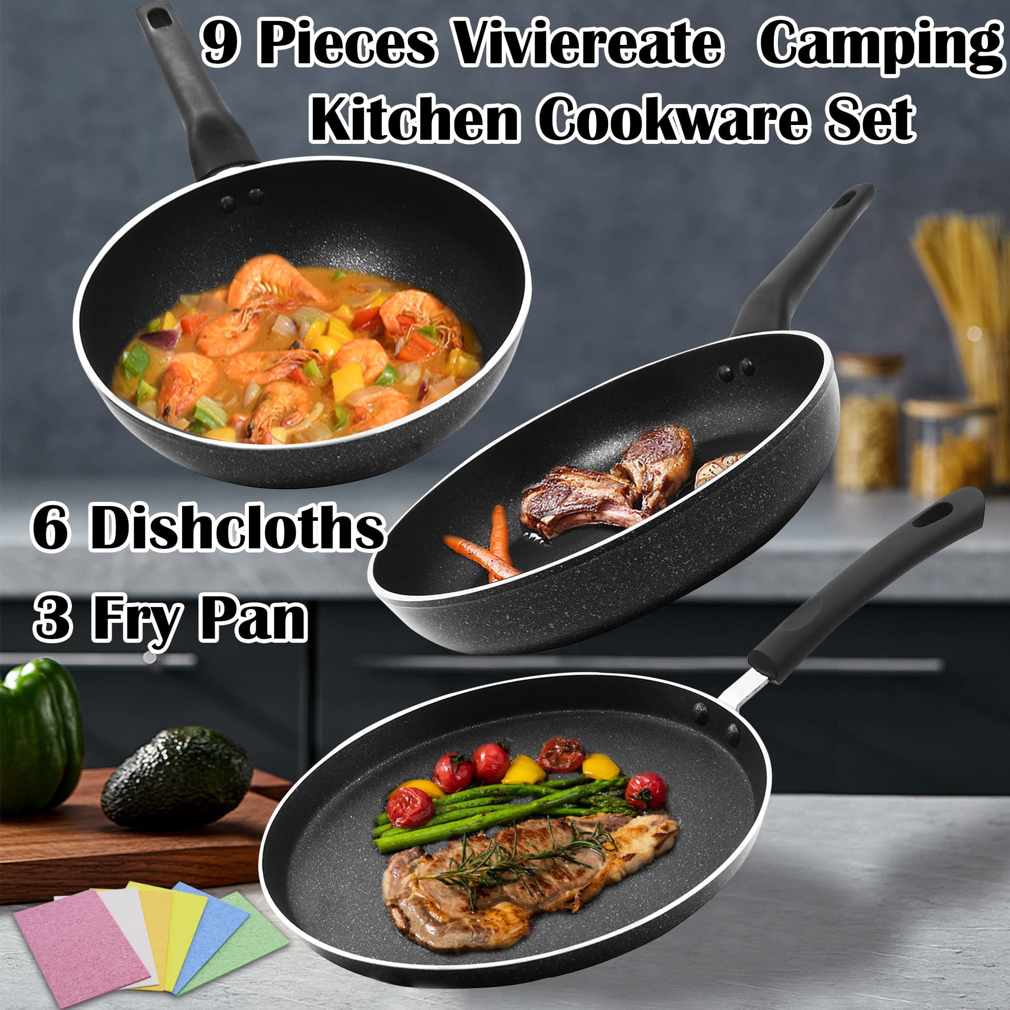TEMU Vivicreate 9 Pieces Camping Kitchen Cookware Set,nonstick Frying Pan , Granite Coating Omelette Pan, Healthy Stone Cookware , Free For Ourdoor Home Bbq Baking