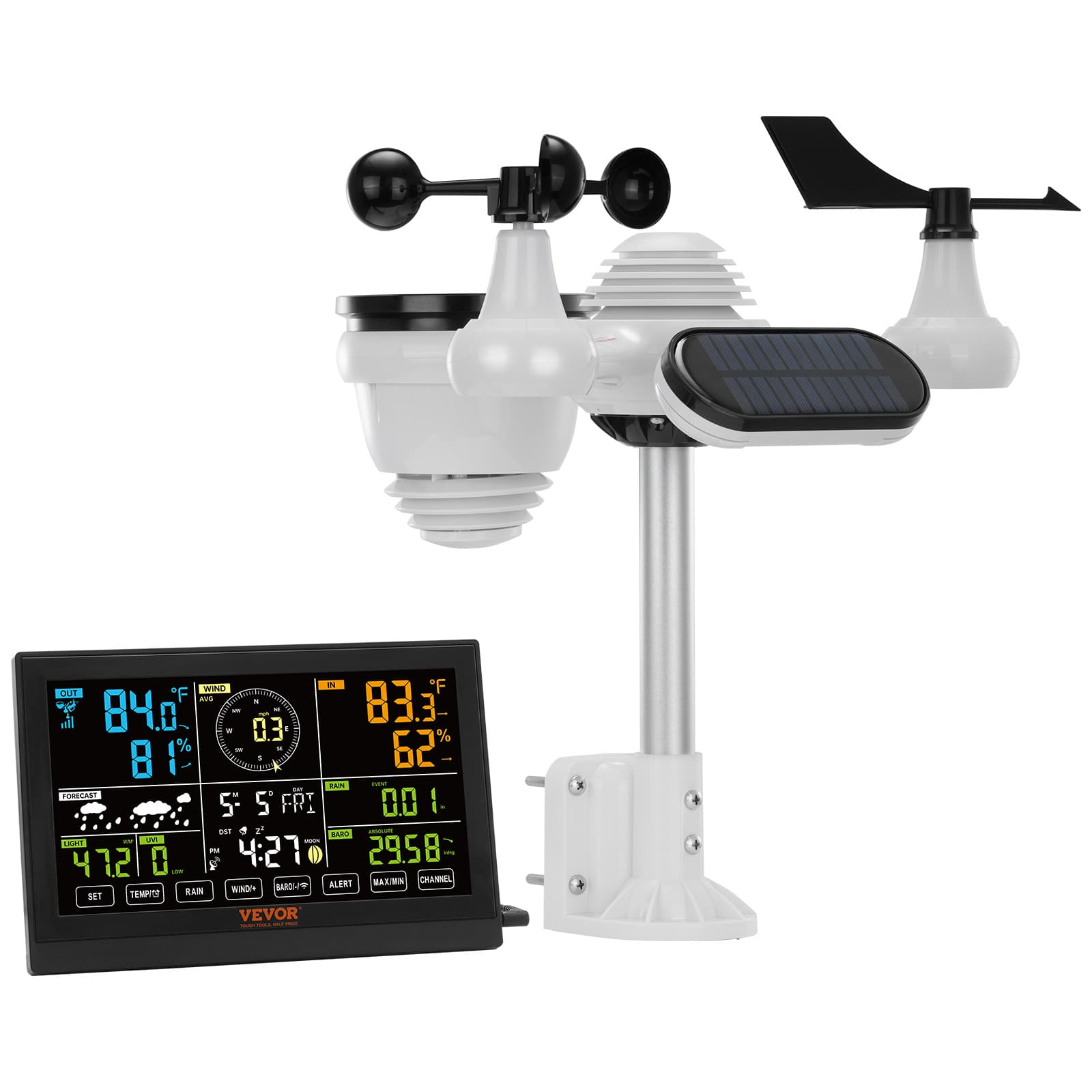 TEMU Vevor Wireless Weather Station 7-in-1, Wireless Indoor 7.5" Color Display For Weather Forecast, Temperature, Humidity, Uv, Air Pressure, Wind Speed, Alarm - No Wifi