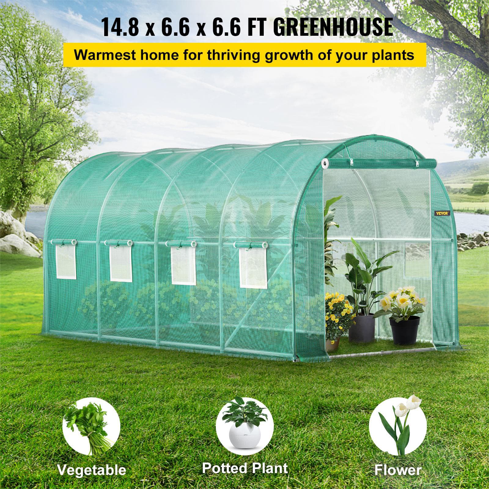 TEMU Walk-in Tunnel Greenhouse, 15 X 7 X 7 Ft Portable Plant W/ Galvanized Steel Hoops, Beam, Poles, Zippered Door & 8 Roll-up Windows, Green
