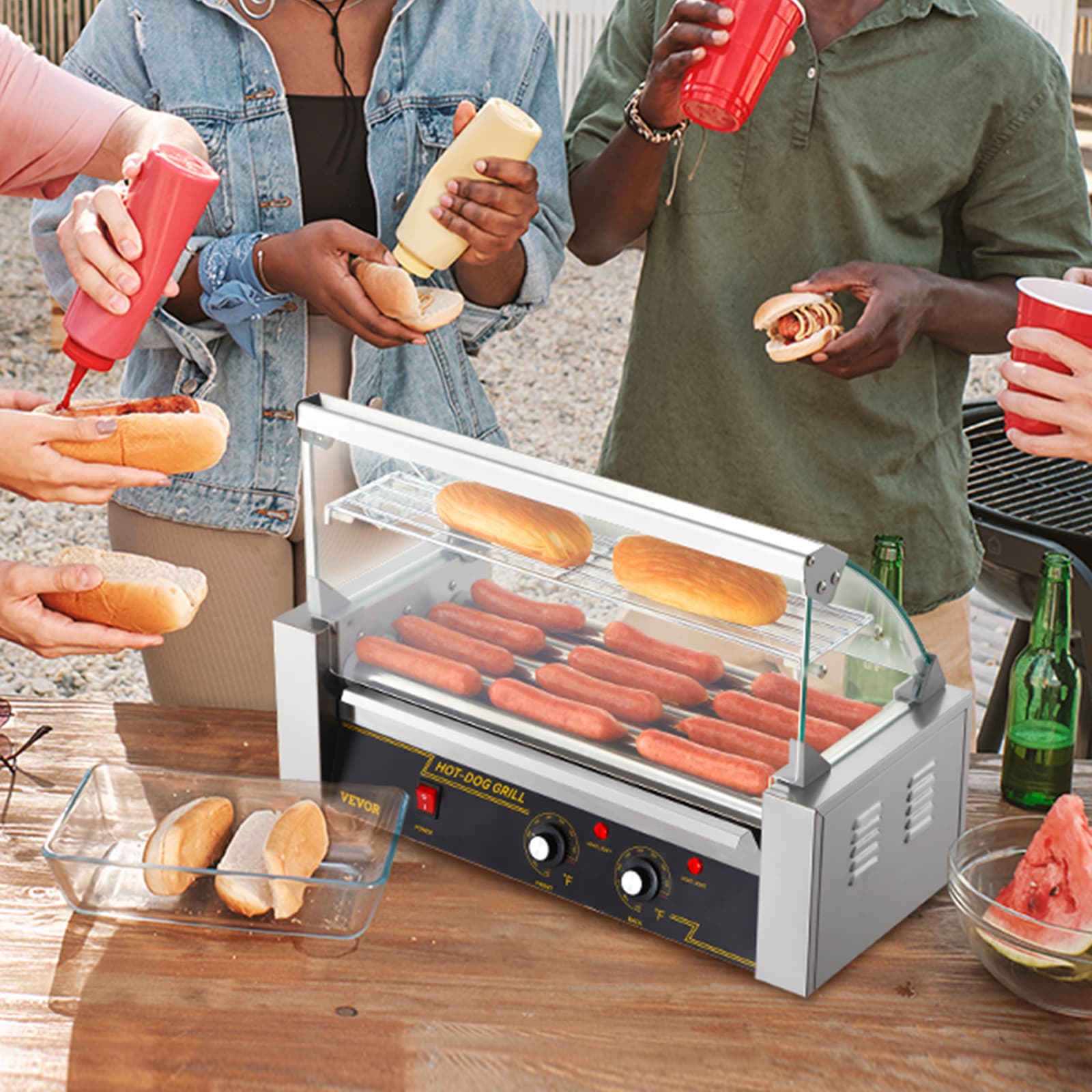 TEMU Vevor Hot Dog Roller 5 Rollers 12 /7 Rollers 18 Capacity, Stainless Sausage Grill Cooker Machine With Hood Acrylic Cover Bun Warmer Shelf Removable Oil Drip Tray