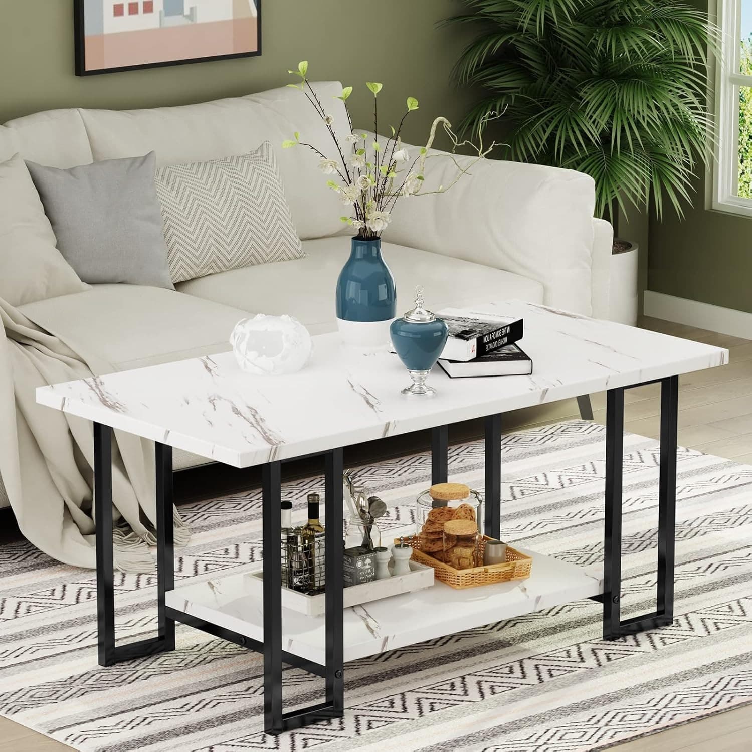 TEMU Living Room Modern Coffee Table, Rectangular Coffee Table With Storage Shelf, 2 Tier Table With Black Metal Frame For Apartment, Living Room, Office, Small Space
