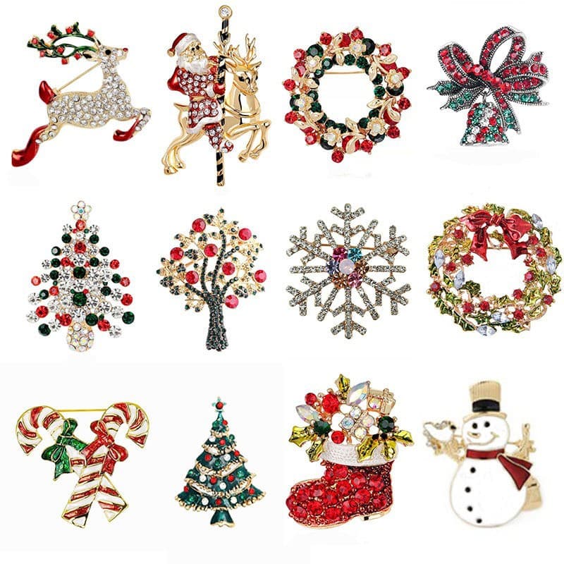 TEMU 12 Pcs Christmas Brooch Pins Set For Women Crystal Christmas Tree Wreath Snowman Reindeer Christmas Ornament Jewelry Pins Gift