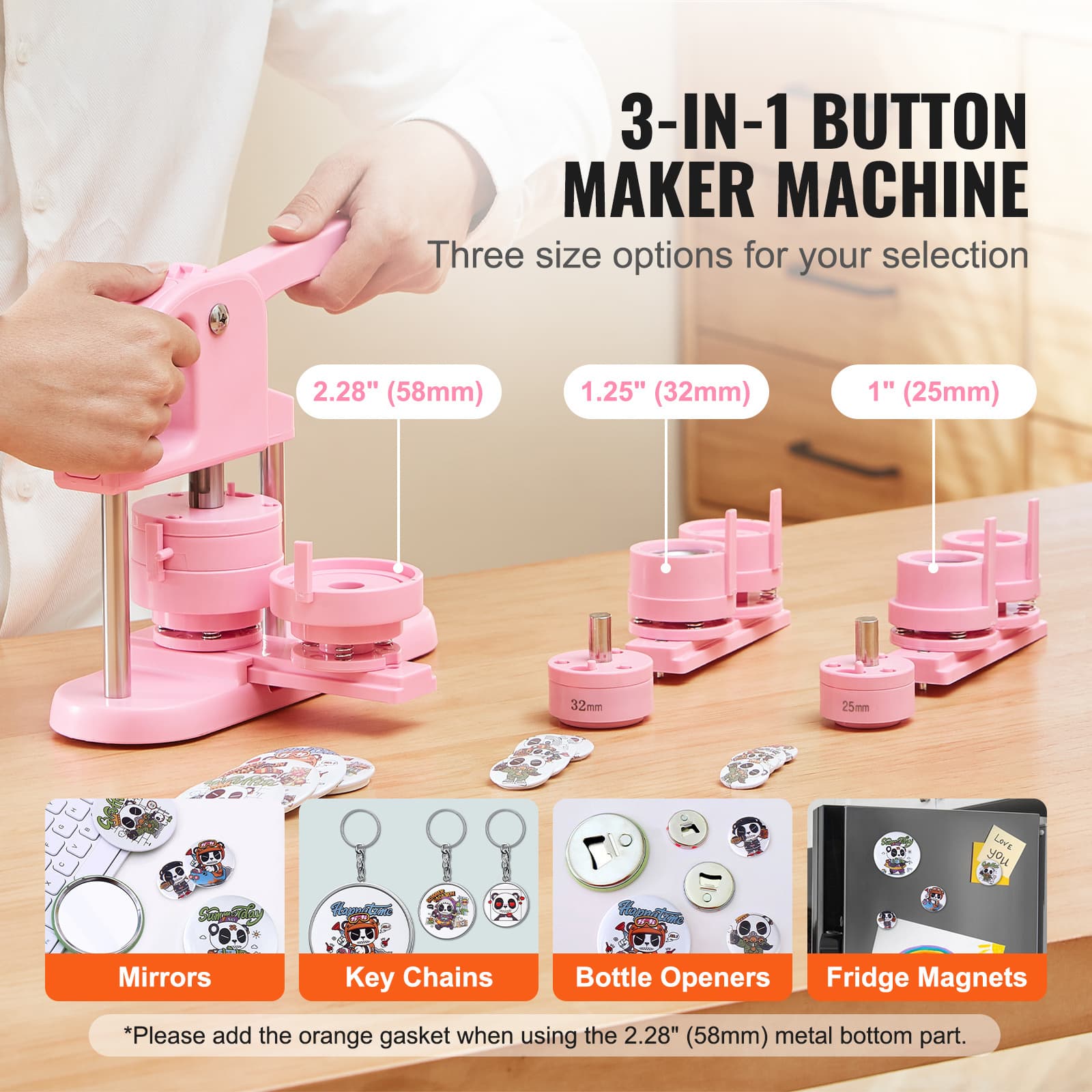 TEMU Vevor 3-in-1 Button Maker, 1/1.25/2.28 Inch (25/32/58mm) Pin Maker, 300pcs Button Parts,button Maker Machine With Book, Ergonomic Arc Handle Kit, For Diy Gifts, Pink
