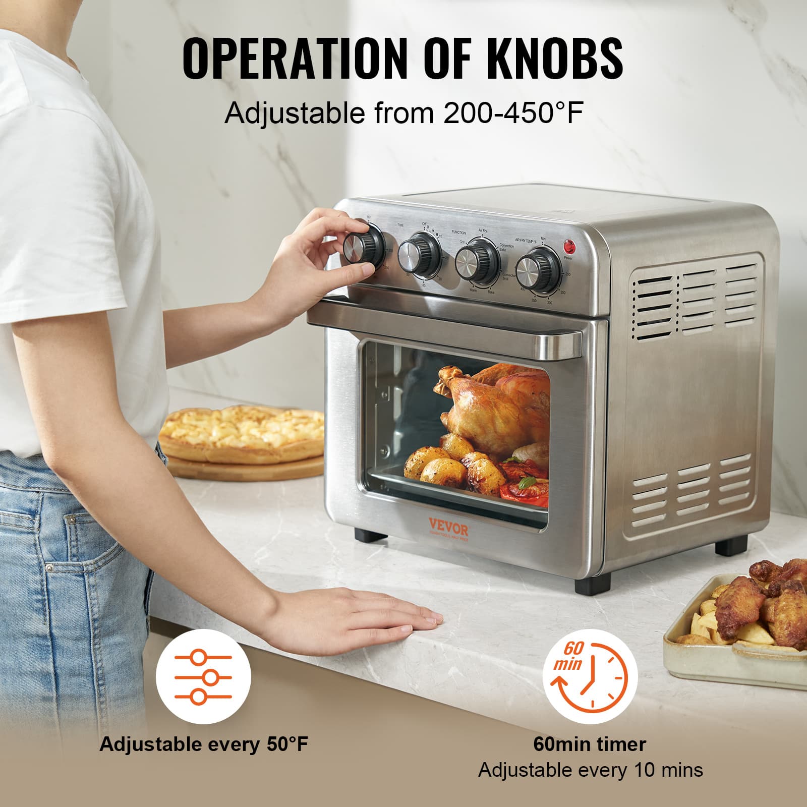 TEMU Vevor 7-in-1 Air Fryer Toaster Oven, 18l Convection Oven, 1800w Stainless Steel Countertop Combo With Grill, Pizza Pan, Gloves, 6 Slices Toast, 10-inch Pizza, Home And Commercial Use