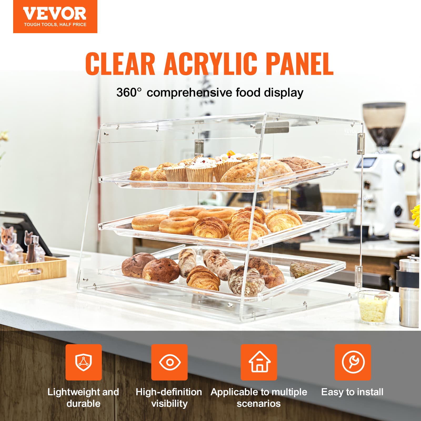 TEMU Vevor Pastry Display Case, 3-tier Commercial Countertop Bakery Display Case, Acrylic Display Box With Rear Door & Removable Shelves, Fresh For Donut Cake Cookie, 20.7"x14.2"x16.3"