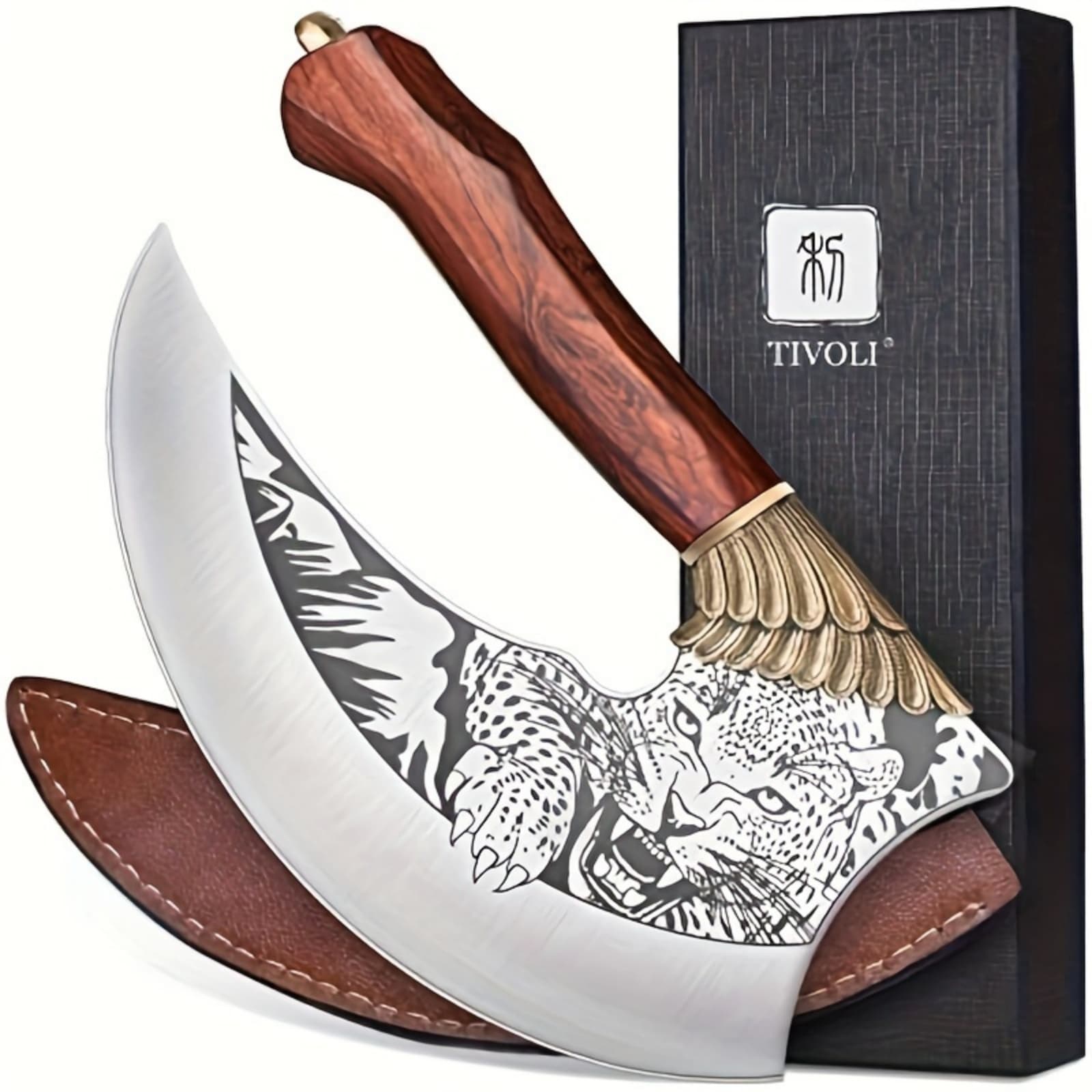 TEMU 9-inch Pizza Knife, Knife,super Wooden Handle With Sheath & Box, Kitchen Knife Mincing Meat Vegetable Rocking Knife