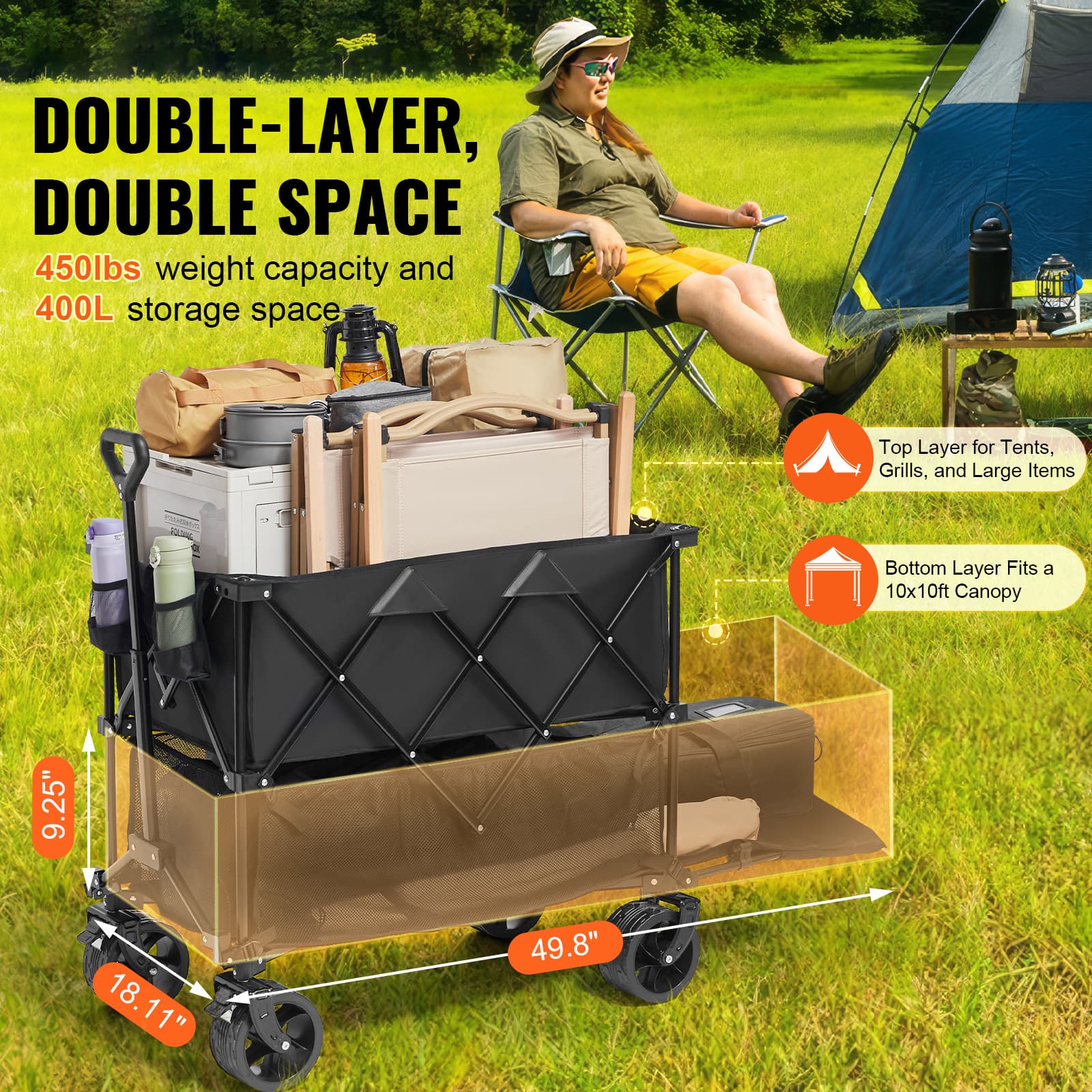 TEMU Vevor 400l Large Collapsible Wagon Cart, 50in-long Extended Heavy Duty Beach Wagon With For Sand, 450lbs Capactiy Folding Wagon For Sports Grocery