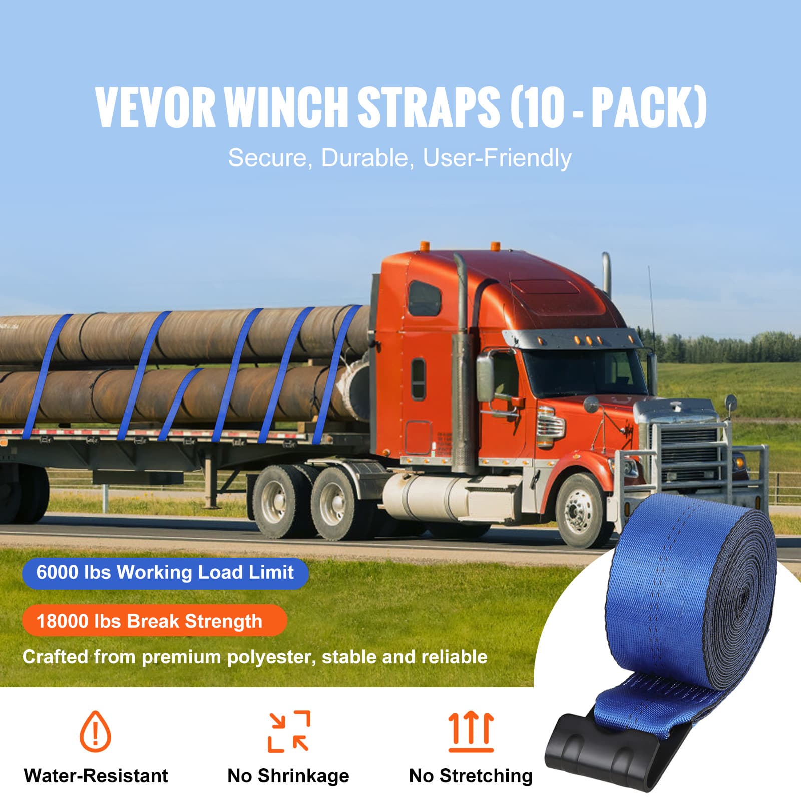 TEMU Vevor Winch Straps, 4-inch X 30-ft, Load Capacity Of 6000 Lbs, Breaking Strength Of 18000 Lbs, Includes Flat Hooks, Ideal For Trailers, , Emergency Services, And Tree Securing, Blue, Set Of 10