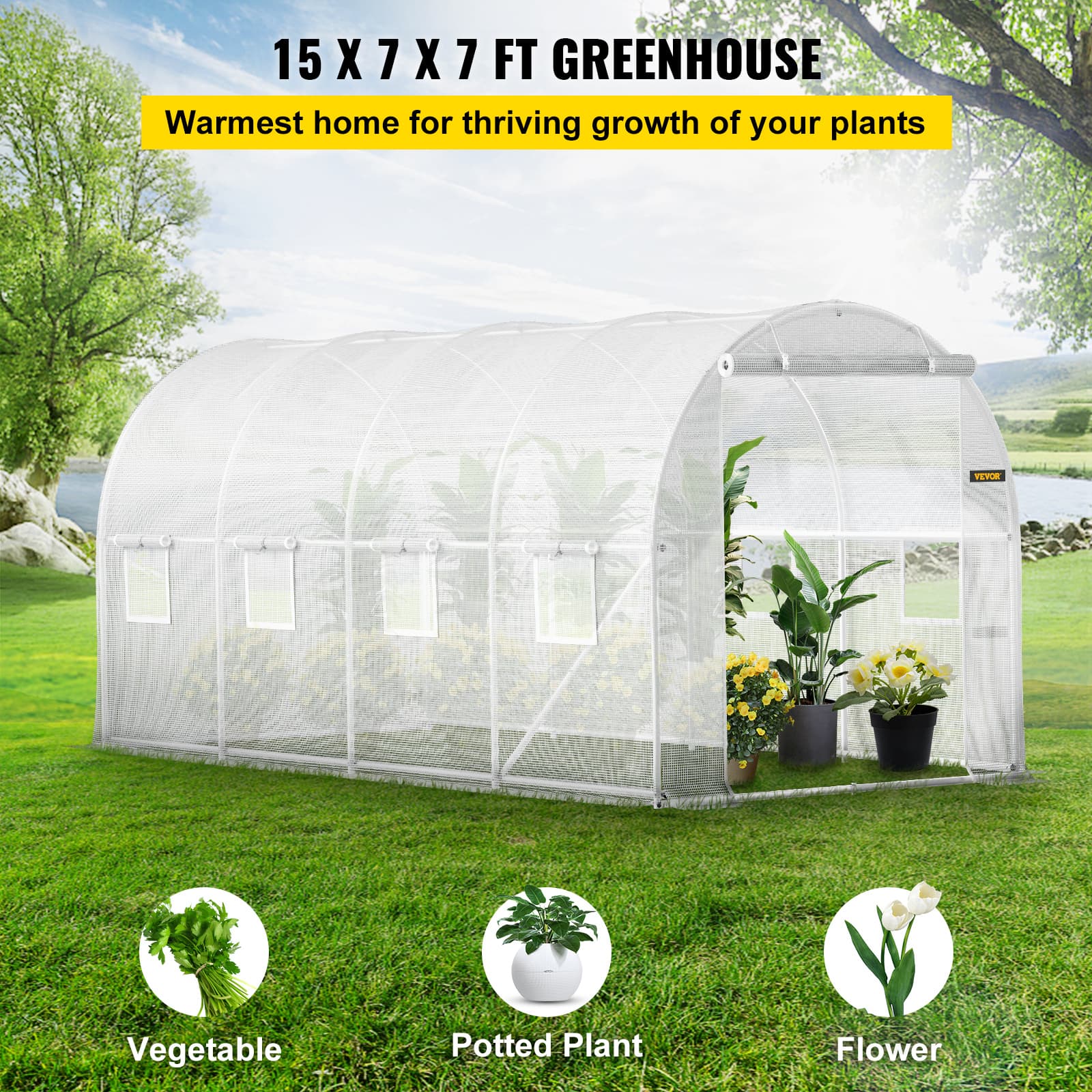 TEMU Vevor 15 X 7 X 7 Ft Walk-in Tunnel Greenhouse, Portable Plant W/ Galvanized Steel Hoops, Beam, Diagonal Poles, Zippered Door & 8 Roll-up Windows, White