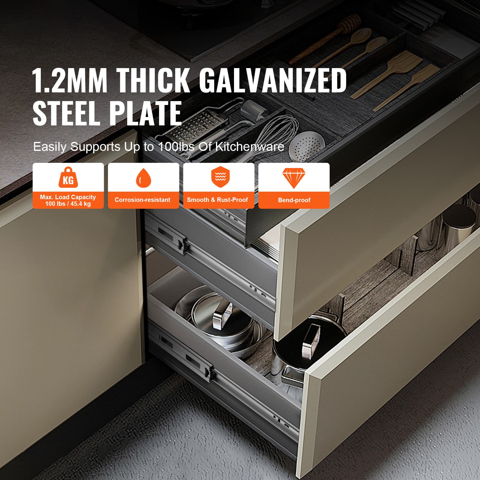 TEMU Vevor 10 Pairs Of 558.8mm Drawer Slides Side Mount Rails, Heavy Duty Full Extension Steel Track, Noiseless Guide Glides Cabinet Kitchen Runners With Ball Bearing, Lbs Capacity