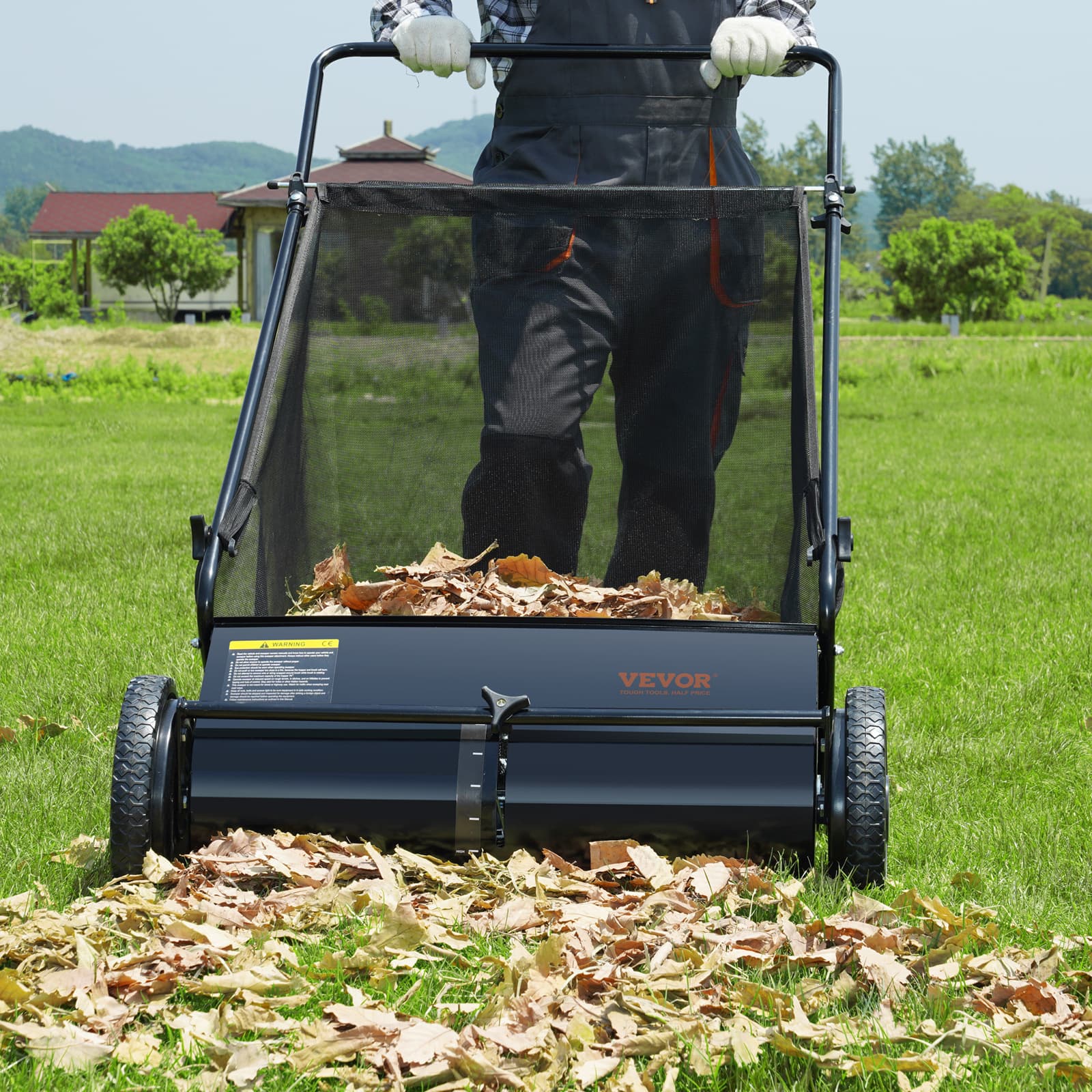 TEMU Vevor Push Lawn Sweeper, 26-inch Leaf & Grass Collector, Strong Rubber Wheels & Heavy Duty Thickened Steel, Durable To Use With Large Capacity 7 Cu. Ft. Mesh Collection Bag, 4 Spinning Brushes