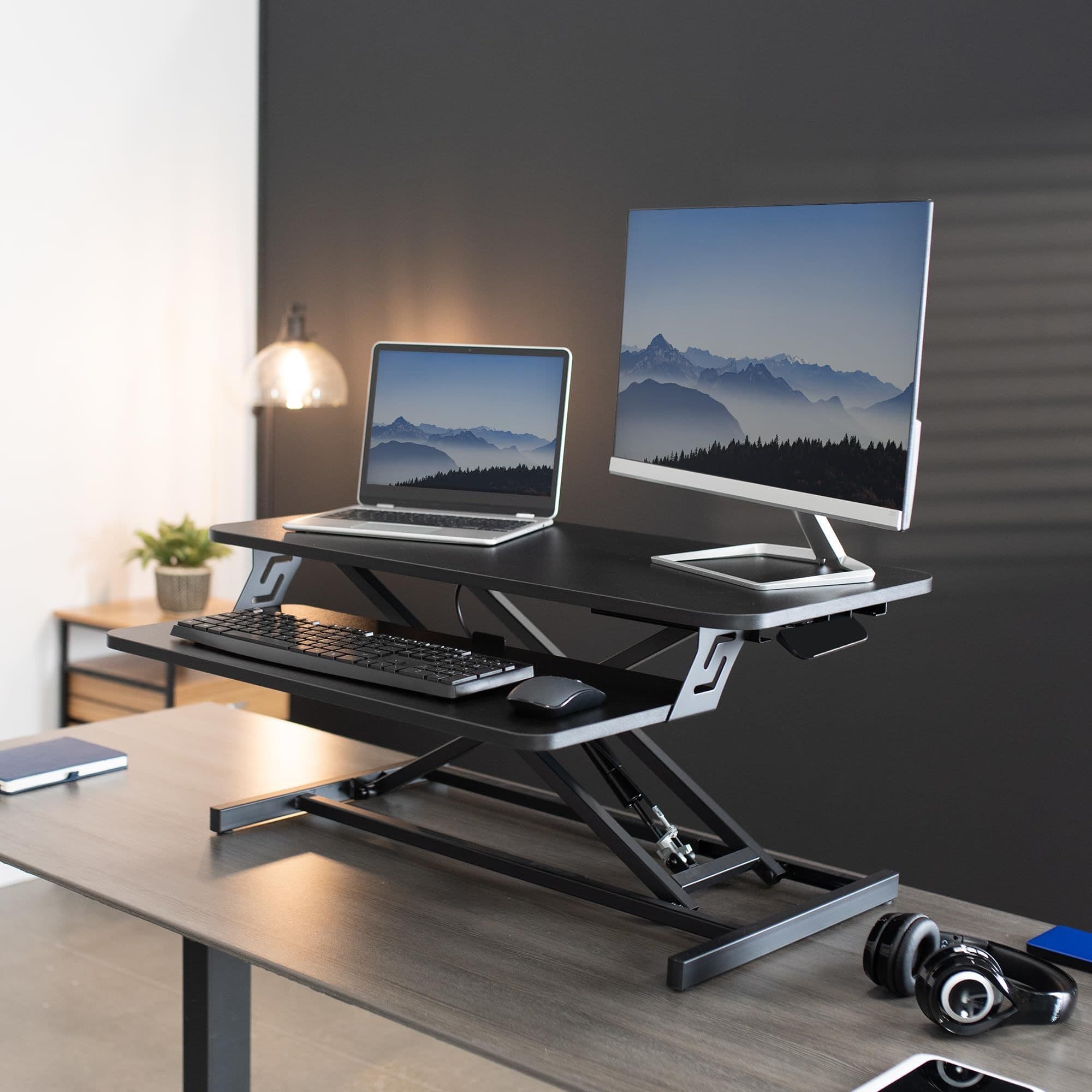 TEMU 32'' Height Adjustable Standing Desk, Converter Tabletop, Dual Monitor Riser Workstation, Black