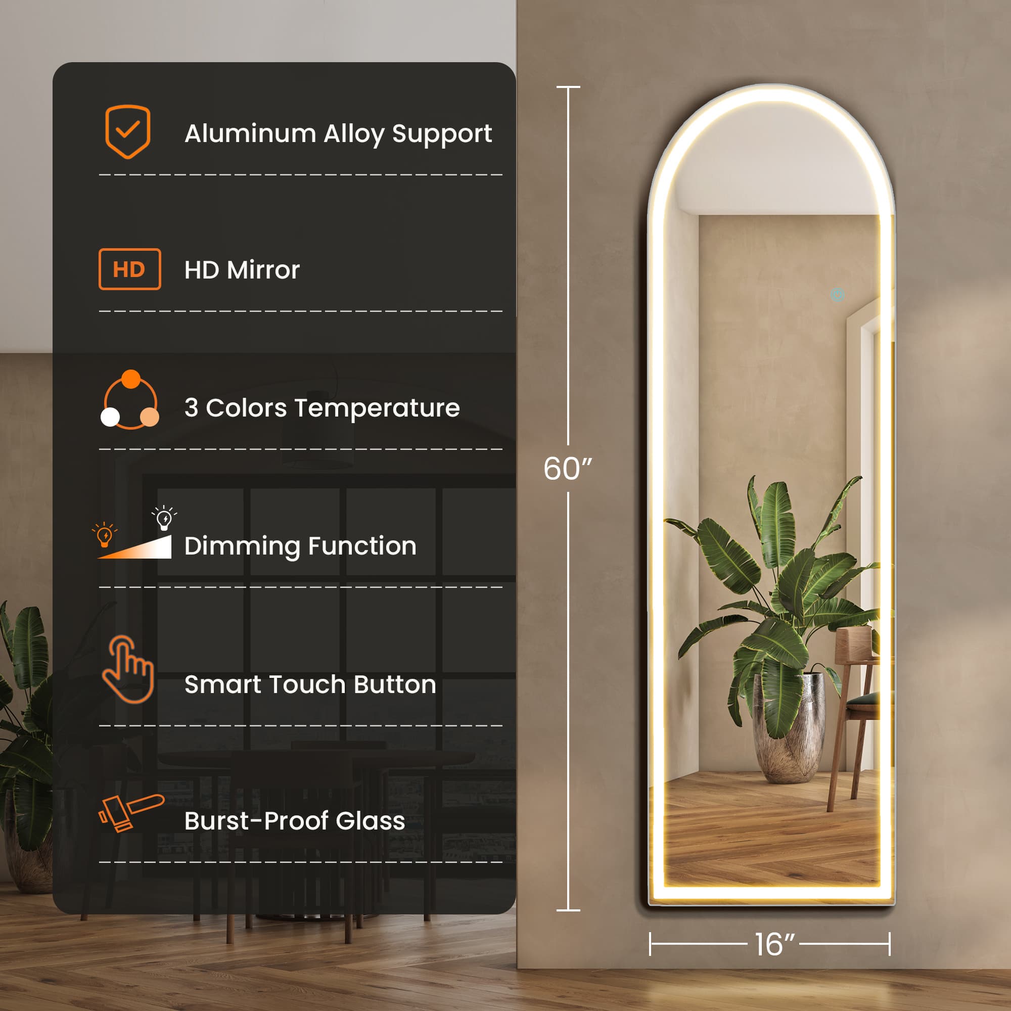 TEMU Jhk 16 X 60 In Arched/rectangular Led Full Length Mirror, Full Body Floor Mirror Standing Hanging Or Wall, Arch Wall Mirror With Stand Aluminum Alloy Thin Frame For Bedroom, Bathroom, Store