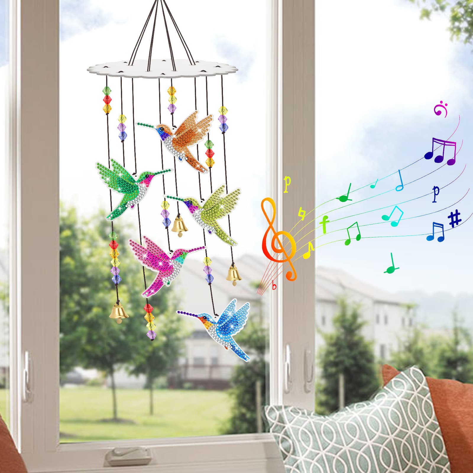 TEMU 2d Flat, Diy Diamond Painting Wind Chimes Kits, Handcrafted Wind Chimes With Bells For Outside, Colorful Hummingbird Pendant, For Home Window & Garden Decor