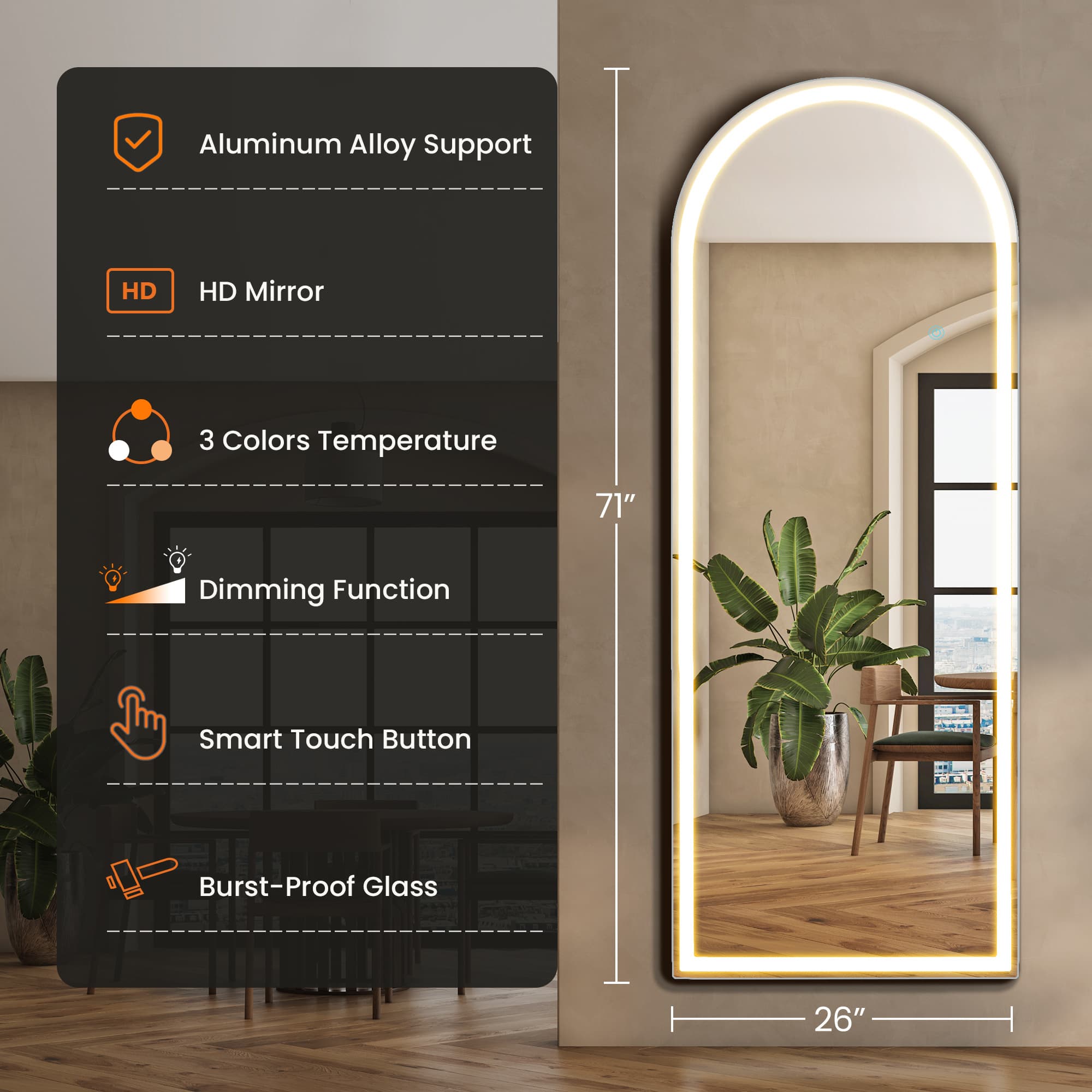 TEMU Mcq 26 X 71 In Arched/rectangular Led Full Length Mirror, Full Body Floor Mirror Standing Hanging Or Wall, Arch Wall Mirror With Stand Aluminum Alloy Thin Frame For Bedroom, Bathroom, Store