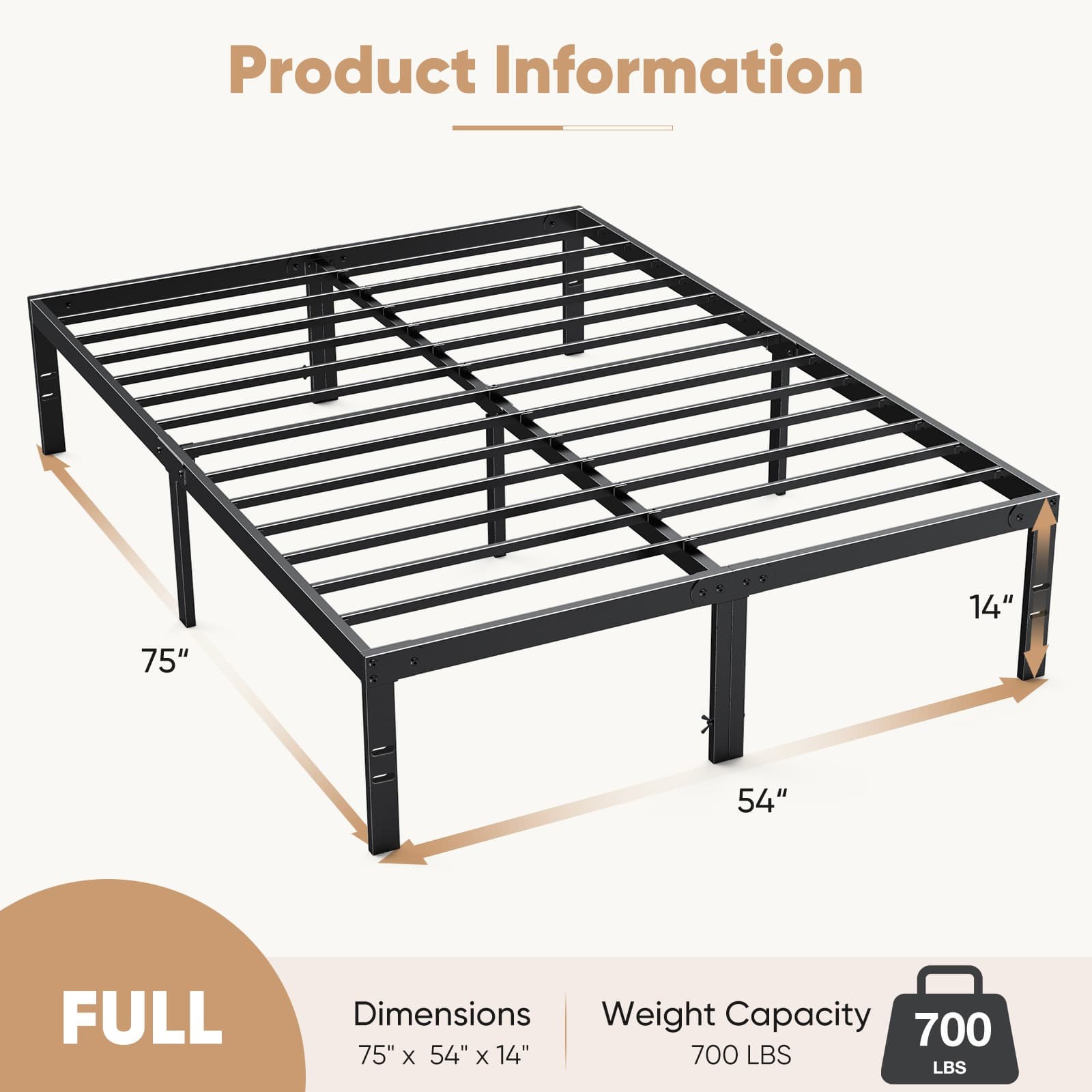 TEMU Mcq Metal Bed Frame- Spring Needed Heavy Duty Steel Platform Bedroom Frames With Storage Space, 14 Inches High, Sturdy Steel Slat Support