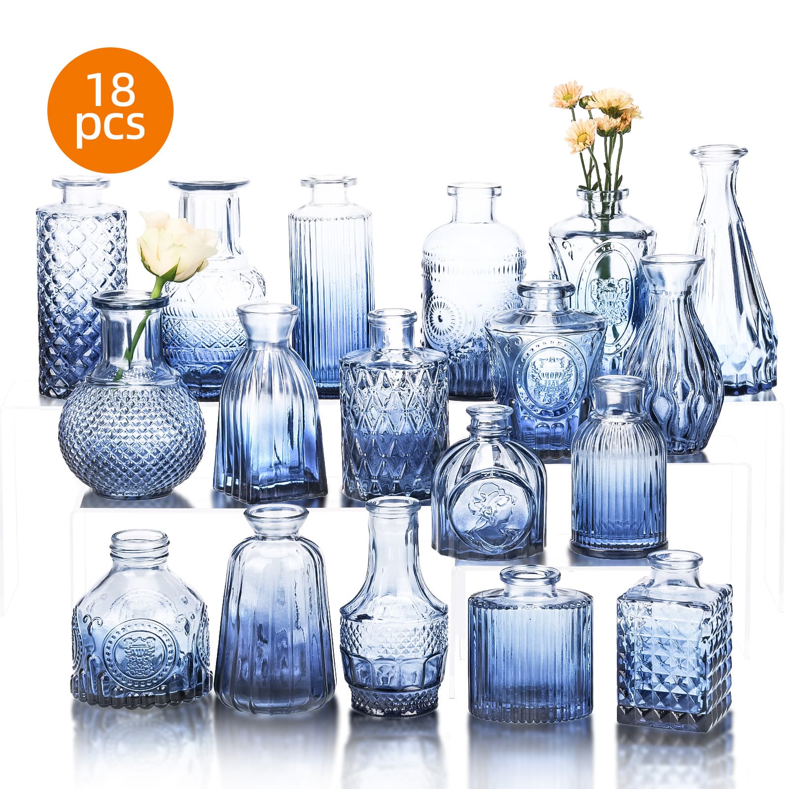 TEMU Whonline 18 Pcs Blue Bud Vases For Flowers, Vintage Clear Glass Vases Small Vases For Centerpieces For Home Table Decor Rustic Wedding Decorations, For Halloween And Christmas