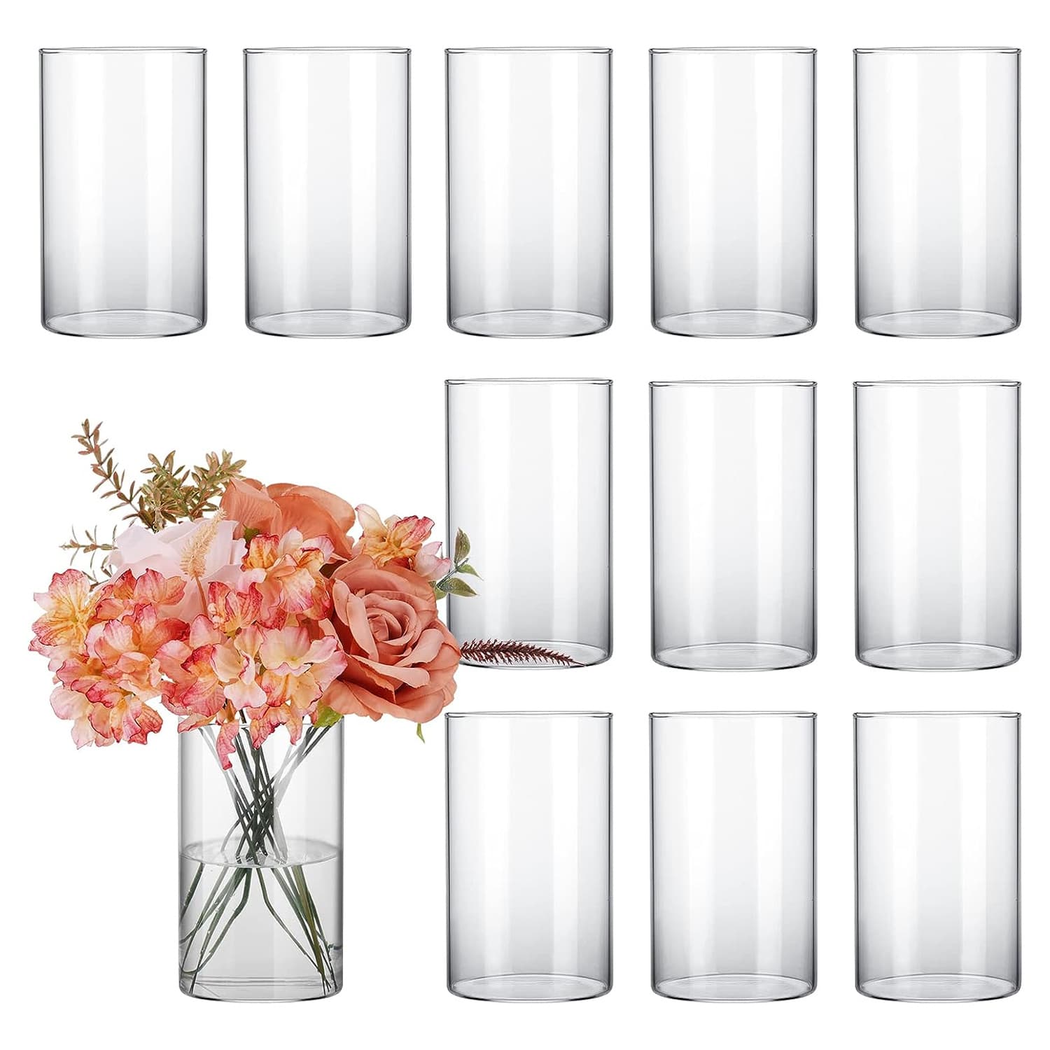 TEMU Whonline 12 Pcs Glass Cylinder Vases For Centerpieces, Flower Vases Wedding Decorations, 6 Inch Hurricane Candle Holder For , Floral Vase Bulk For Home Decor