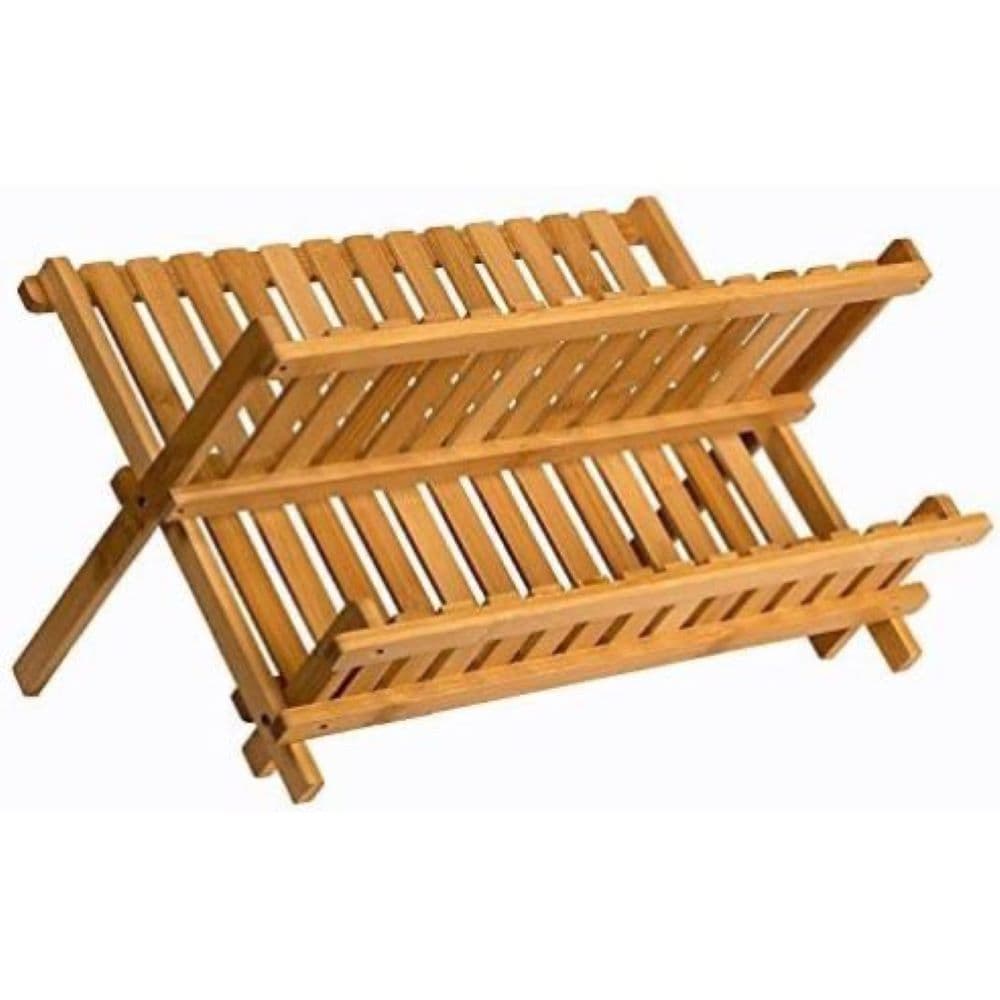 TEMU Bamboo Drying Rack - 2 Tier Wooden Dish Drainer - Collapsible Compact Plate Rack For Kitchen - Dish Drying Rack