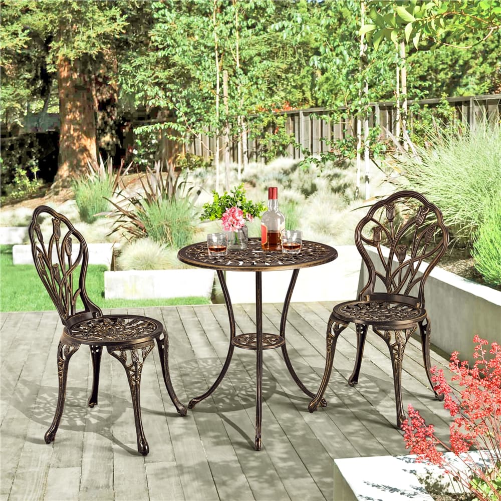 TEMU 3 Piece Bistro Table Set With Umbrella Hole, Outdoor Furniture Aluminium Chair Rose Set For Garden Backyard