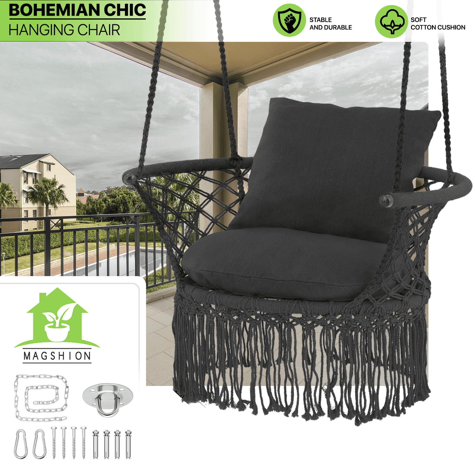 TEMU Macrame Hanging Swing Chair, Boho Style Hanging Rope Hammock Chair W/tassels Max 350 Lbs For Porch, Balcony,outdoor