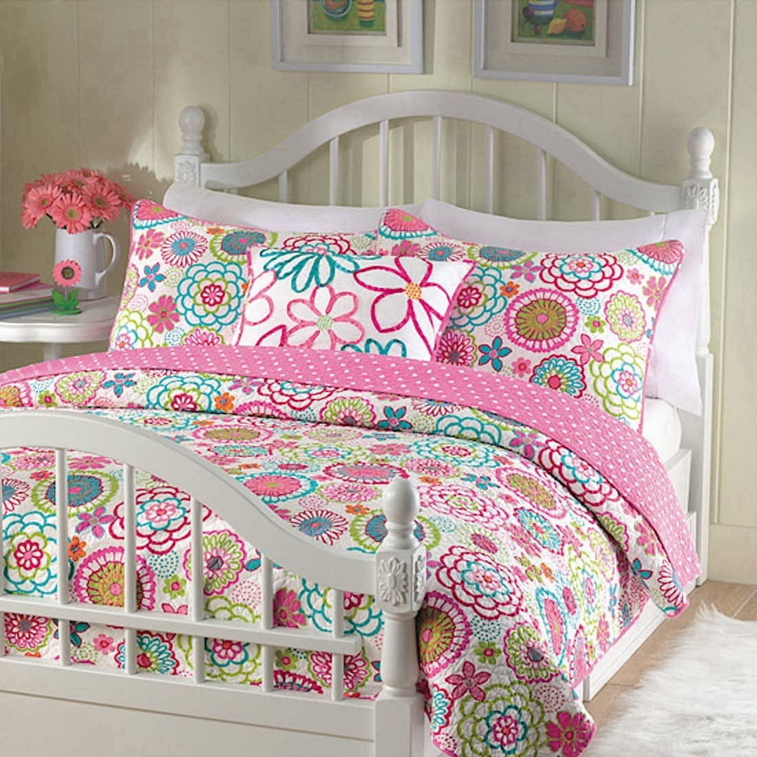TEMU Pink Floral Polka Reversible Quilt Bedding Set, Lightweight Bedspread Coverlet For All