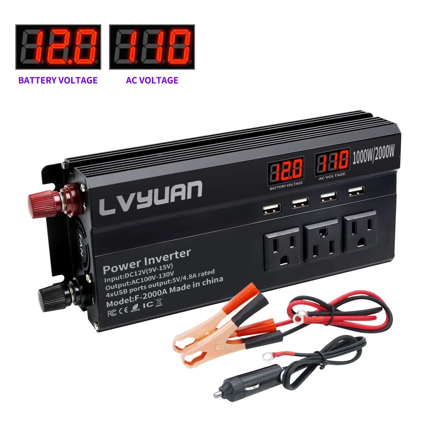 TEMU 1000w/2000w () 12v To 110v Ac Power Inverter With Dual Ac Outlets Dual 3.1a Usb Car Adapter For Car Outdoor Red