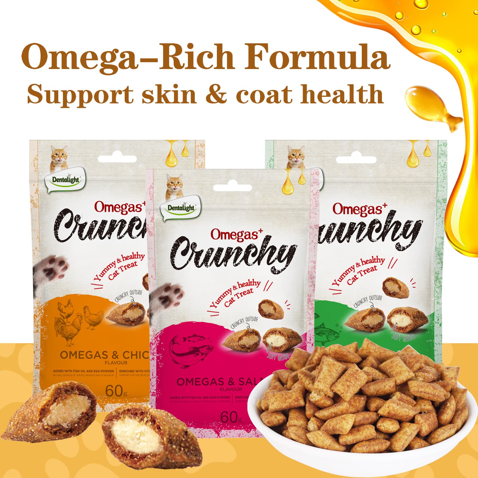 TEMU Crunchy Cat Treats, Crispy Cat Snacks, Biscuits, Added Fish Oil, Rich In , 3 Flavors, 60g X 3 Packs