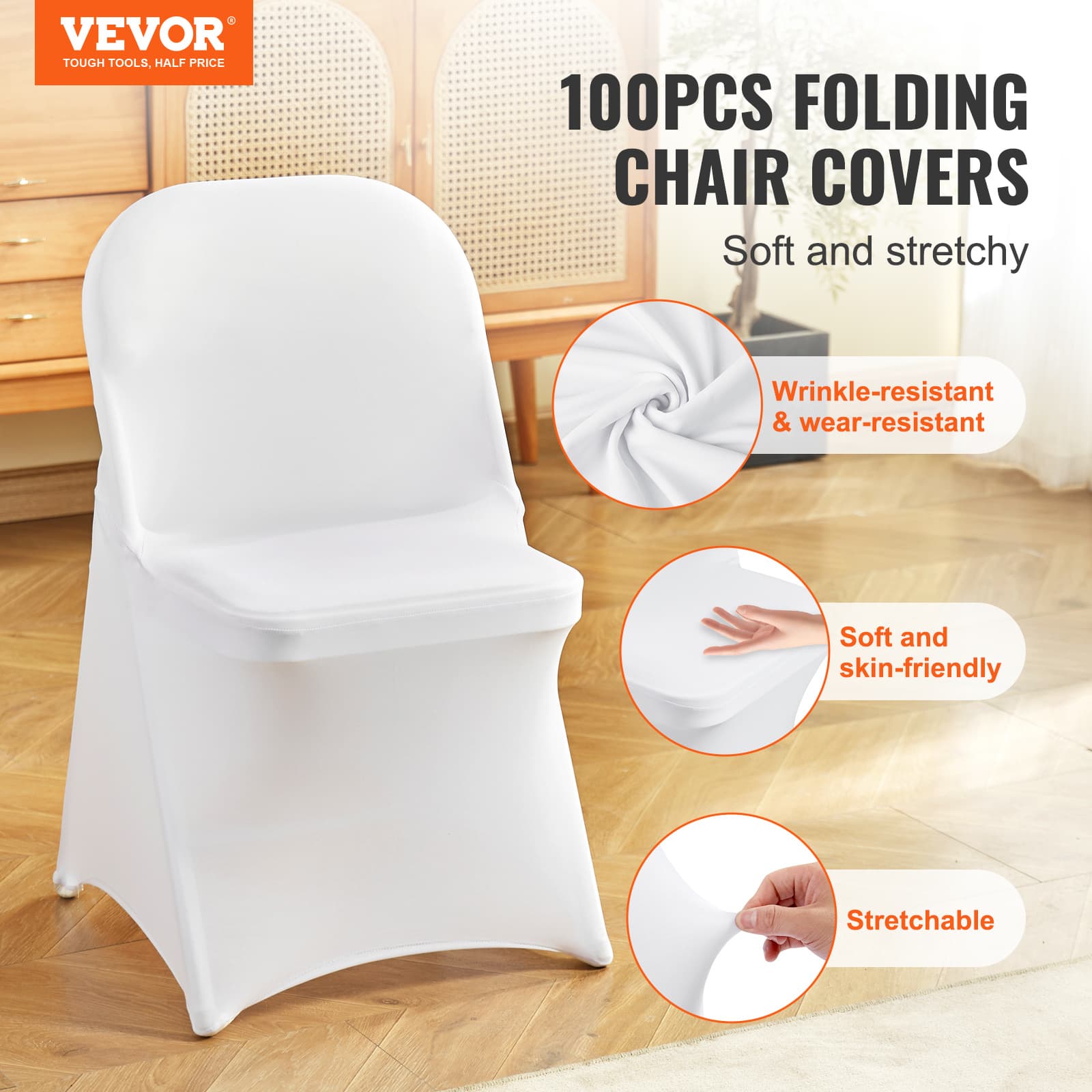 TEMU Vevor Stretch Spandex Folding Chair Covers, Universal Fitted Chair Cover, Removable Washable Protective Slipcovers, For Wedding, Holiday, Banquet, Party, Celebration, Dining (100pcs White)