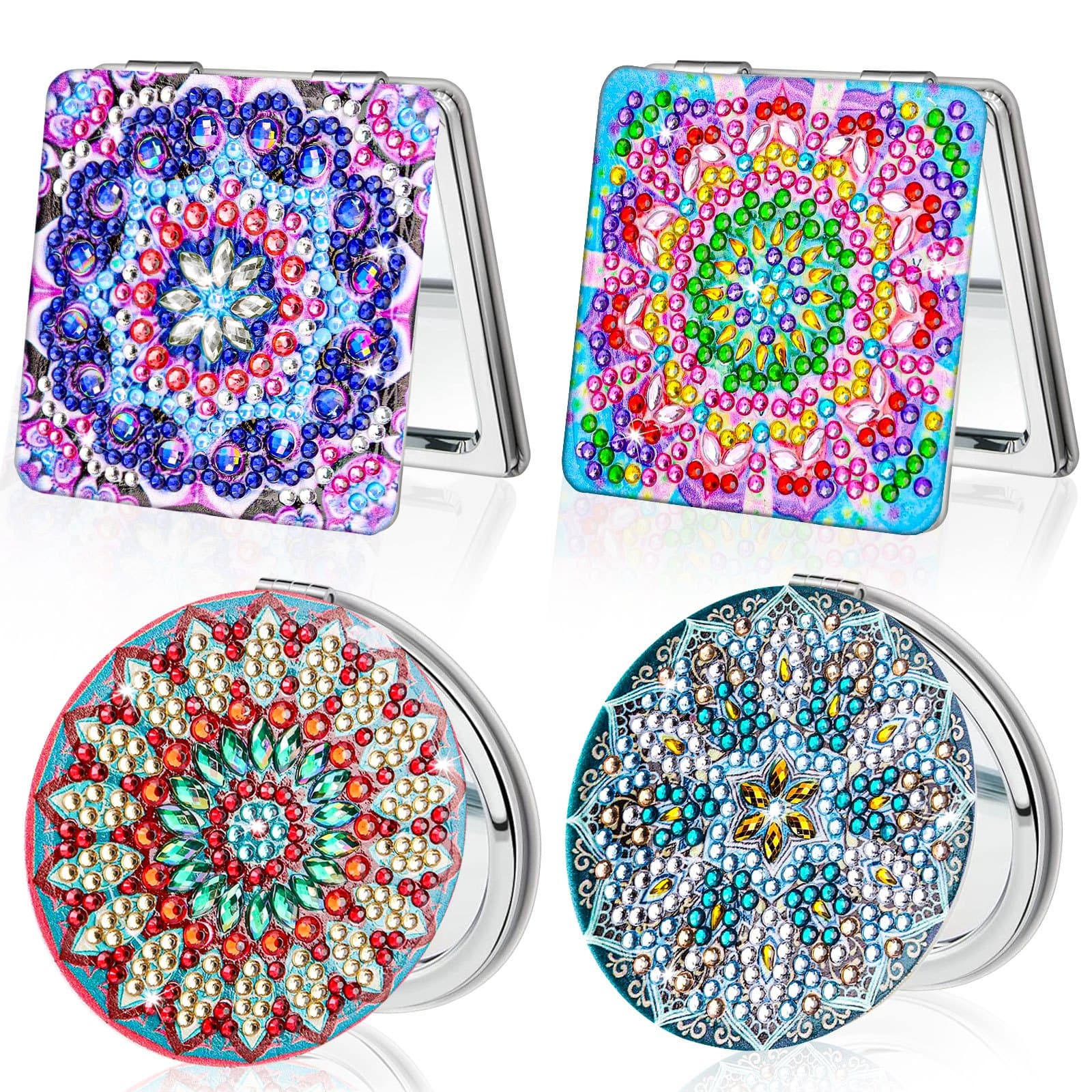 TEMU 4pcs Mini Diy Craft Diamond Makeup Mirror Set, Portable Round & Square Purse Mirrors, Sparkling Colorful With Delicate Decorations, Perfect Birthday Gift For Women