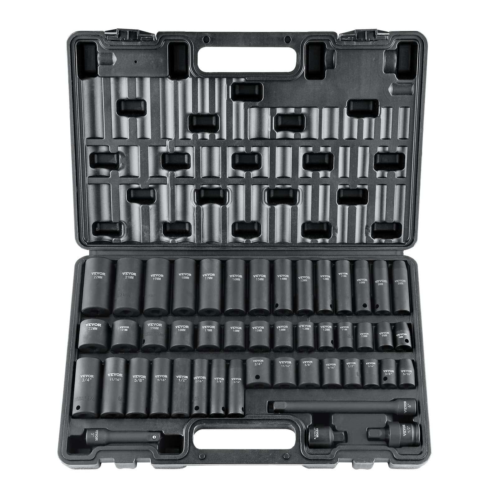TEMU Vevor 3/8" Drive Impact Socket Set, 48 Piece Socket Set Sae (5/16" -3/4") & Metric (8-22mm)6 Point Bar Universal Joint & Power Drill Adapter Includes Storage Case