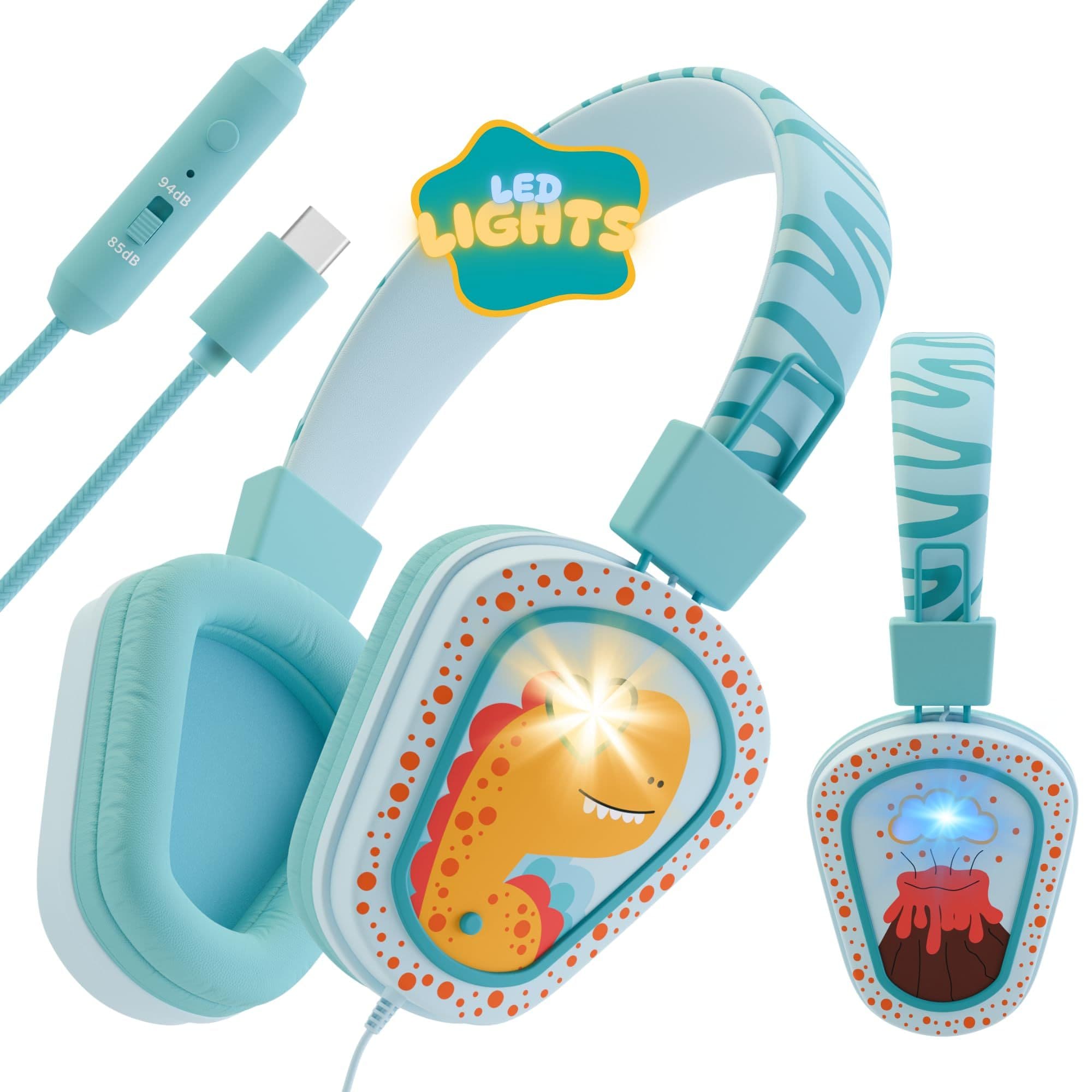 TEMU Kids Headphones Wired Led Lights With Microphone, Durable And Flexible, Volume 85/94db Dinosaur Headphones For Kids, Perfect For School Or Travel. Usb C Wired