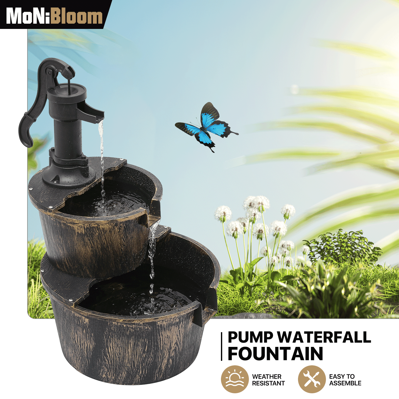 TEMU Water Fountains, 27" Tall 2-tier Waterfall Fountain For Patio Garden Backyard Decking, 11l Water Capacity