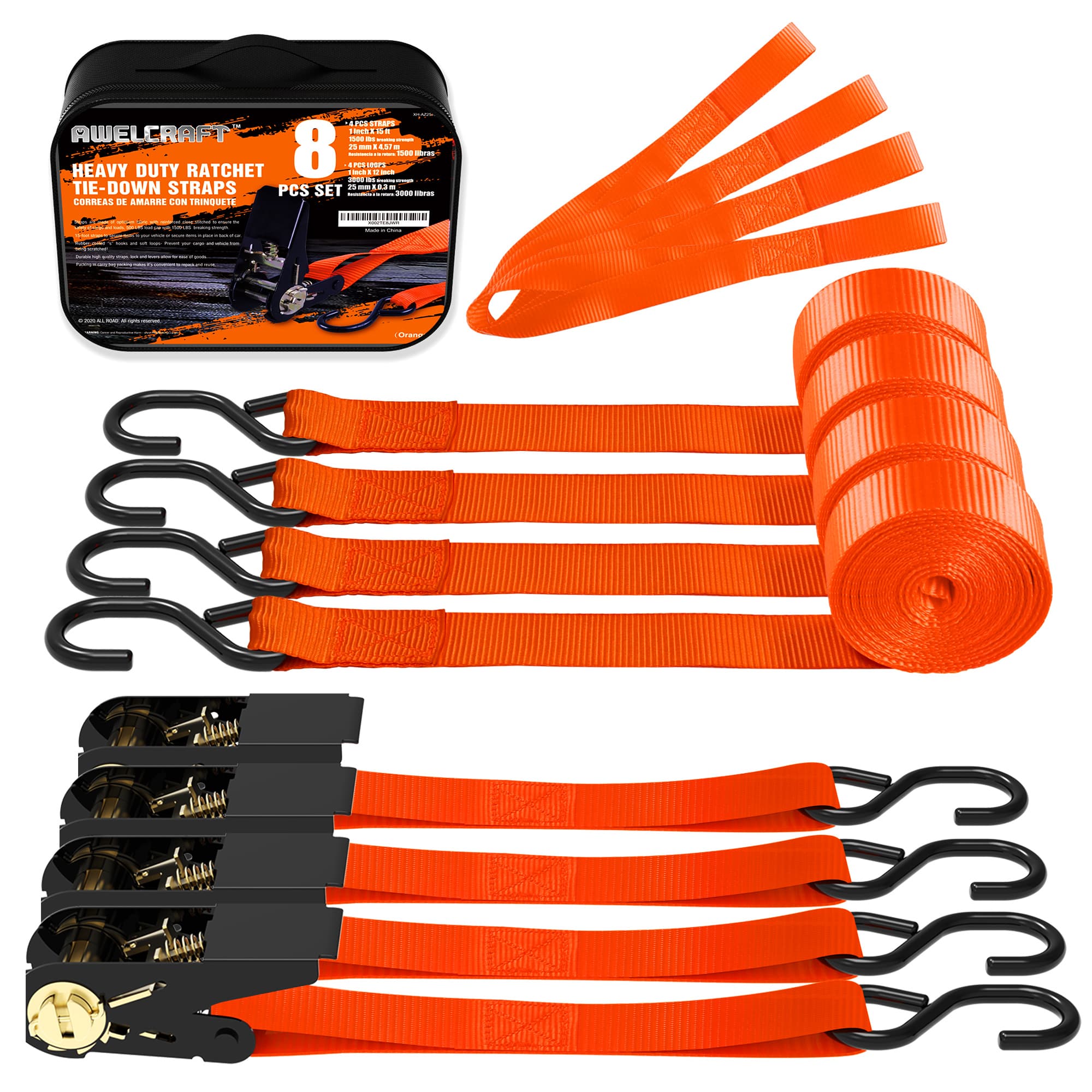 TEMU 4-pack Ratchet Tie Down Straps With 4 Soft Loops – 15ft, 1500 Lbs Breaking Strength, Heavy Duty For Moving, Motorcycle, Lawn Gear, (orange, Blue, Camo, Green, Red, Yellow)