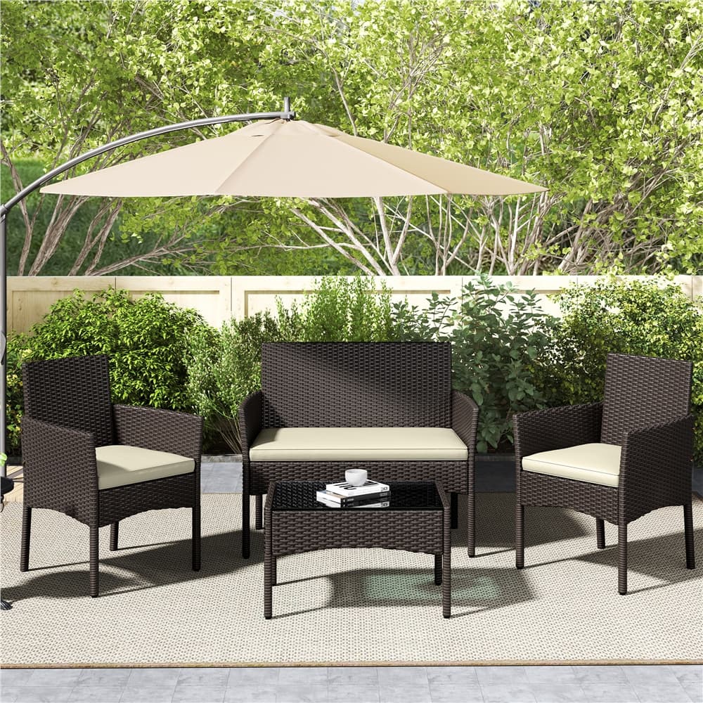 TEMU Patio Furniture Set 4 Pieces Conversation Sets, Rattan Chair Wicker Set Loveseat With Soft Cushion And Glass Table Halloween Patio Furniture For Backyard Porch Garden Poolside Balcony