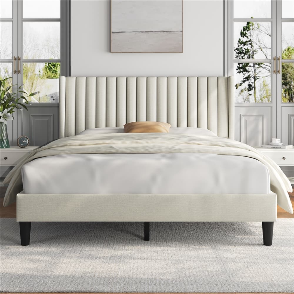 TEMU Upholstered Bed Frame Full/queen/king Size, Christmas Gift, Winged Headboard, Non-slip, Noiseless, Wooden Slats, Bedroom Furniture, Easy Setup, Spring Required, Installation Guide Included