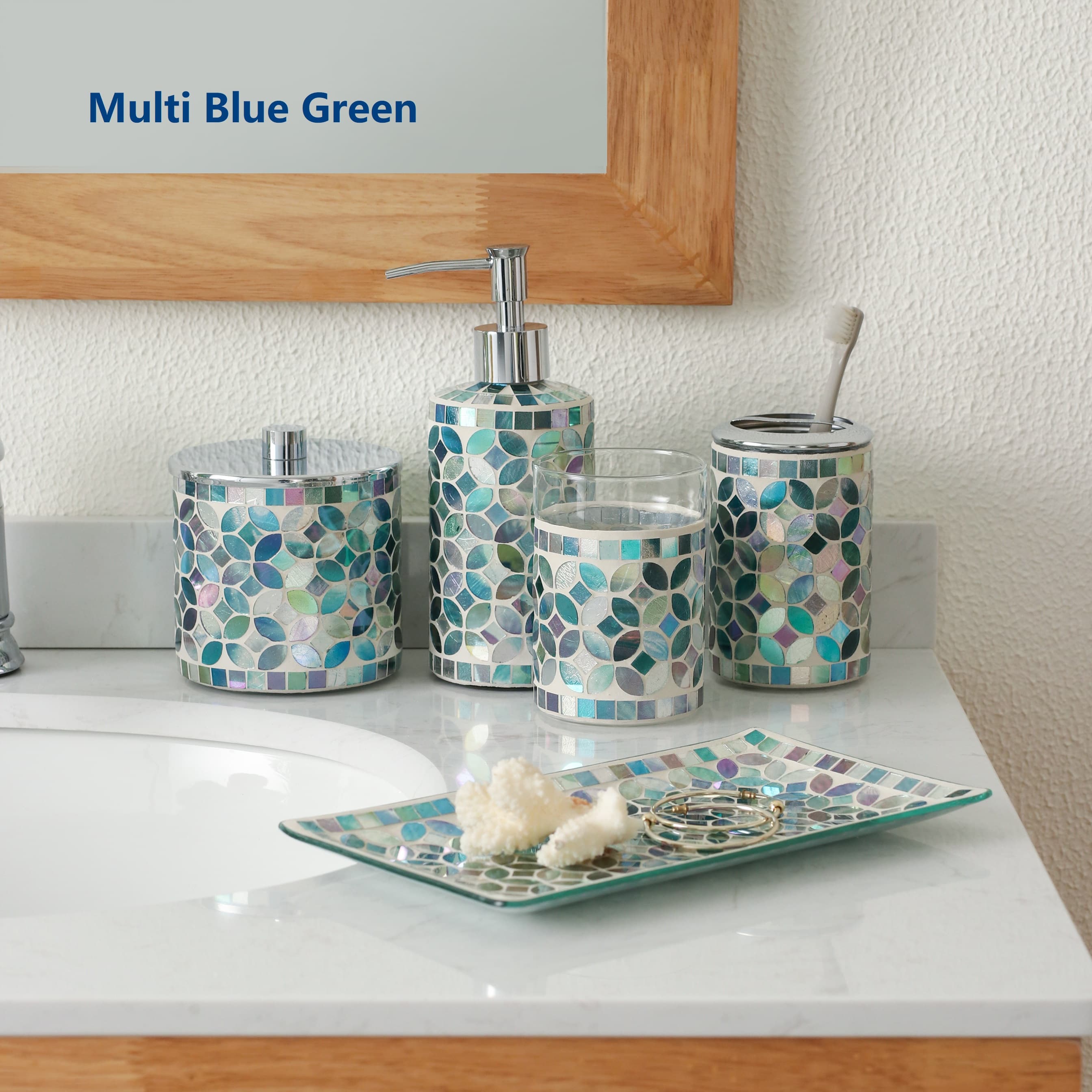 TEMU Decorative Mosaic Glass Bathroom Accessories Set 5pcs - Includes Hand Soap Dispenser &cotton Jar & Tumbler & Vanity Tray & Toothbrush Holder