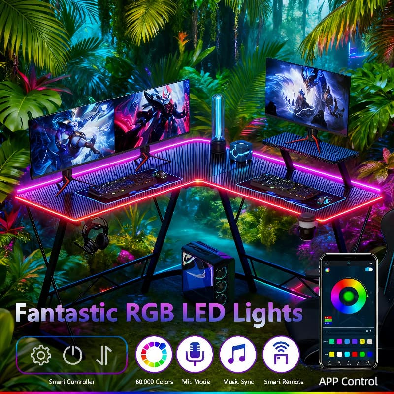 TEMU L-shaped Gaming Desk With Rgb Light Strip - Music Sync & App Control, Carbon Fiber Surface, Includes Cup Holder & Headphone Hook, Large Corner Computer Desk For , Home Office