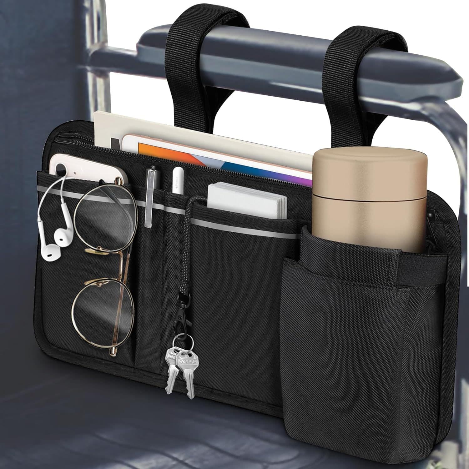 TEMU Wheelchair Side Storage Bag W/cup Holder, Wheelchair Armrest Accessories Pouch With Pen Slot And Reflective Strips For Power Wheelchairs, Walkers, , Seniors