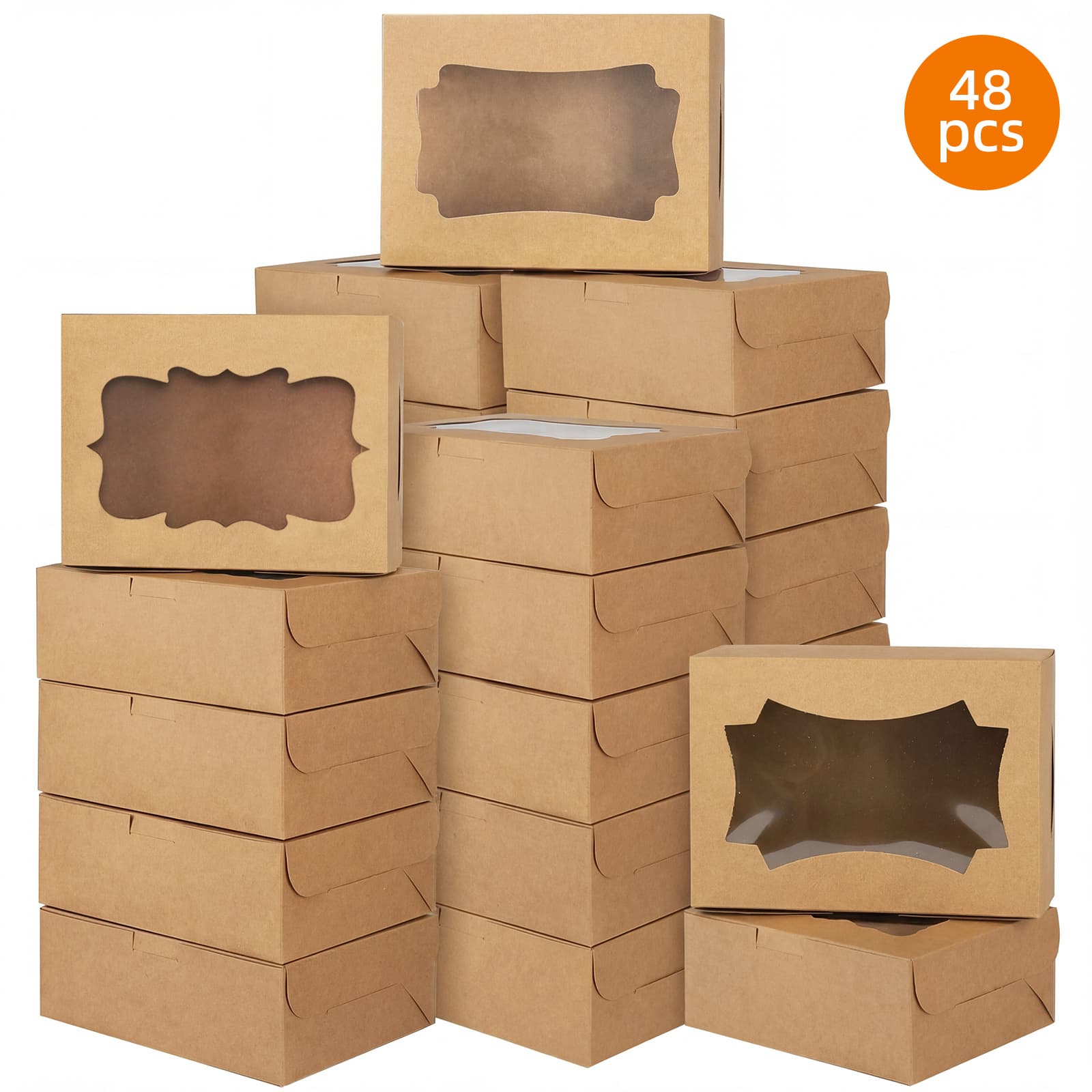 TEMU Whonline 48pcs Brown Cake Boxes, 3 Style Windows, Bakery Pastry Dessert Boxes For Cakes, Pastries, Pies And Party Favor, For Birthday Party, Wedding And Father's Day, 8x6x2.5 In