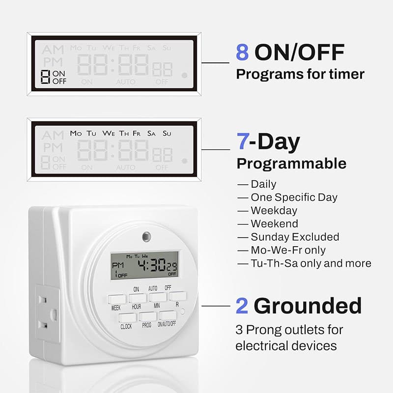 TEMU 1pc 7 Day Heavy Duty Digital Programmable Timer - 2 Outlet 24 Hour Digital Timer, Timing Solution For Hydroponics, 125v, 60hz, Indoor, For Lamp Light Fan