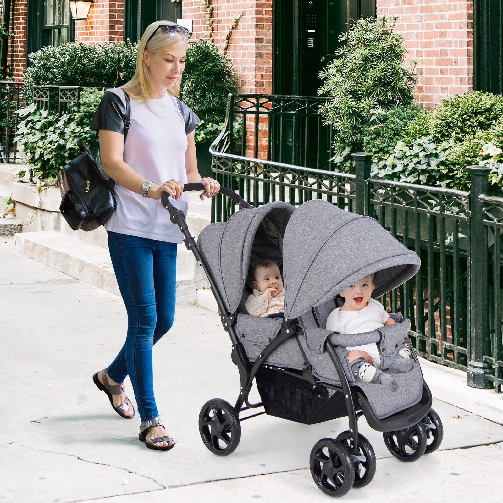 TEMU Costway Foldable Double Stroller, Portable Tandem Stroller W/ Adjustable Backrest, Canopy, Handle & Footrest, 5-point Safety Belt, Compact Stroller W/ Lockable Wheels.
