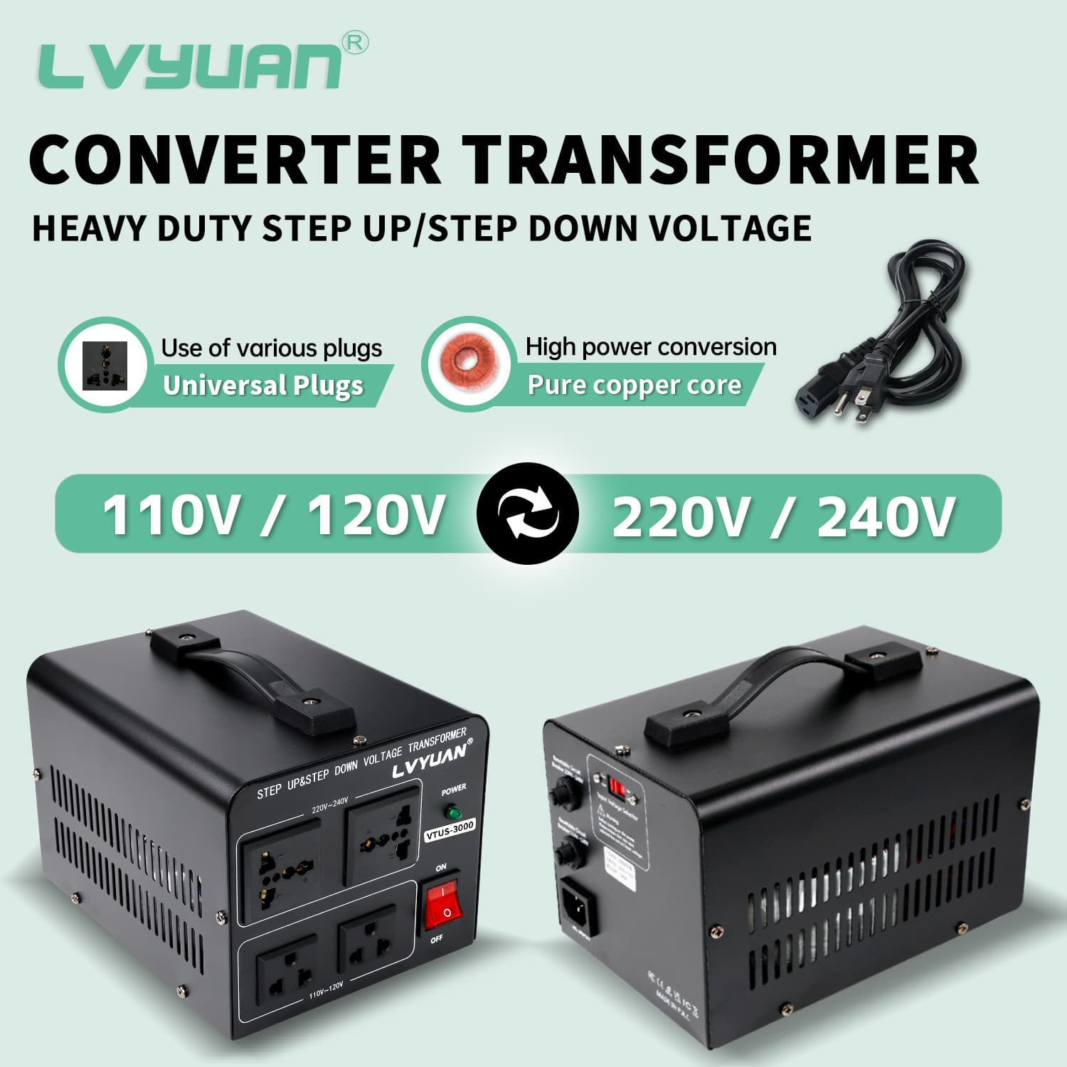 TEMU Heavy Duty 3000w Watt () Voltage Transformer Converter Step Up/down Converter 110/120 Volt - 220/ With 3 Us,2 European,1 Universal Outlets, Circuit