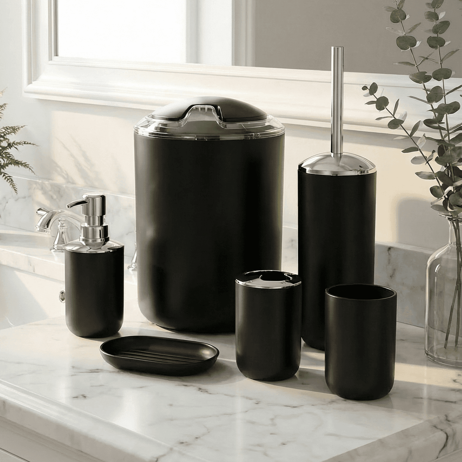 TEMU 6 Piece Plastic Bath Accessories Sets, Black